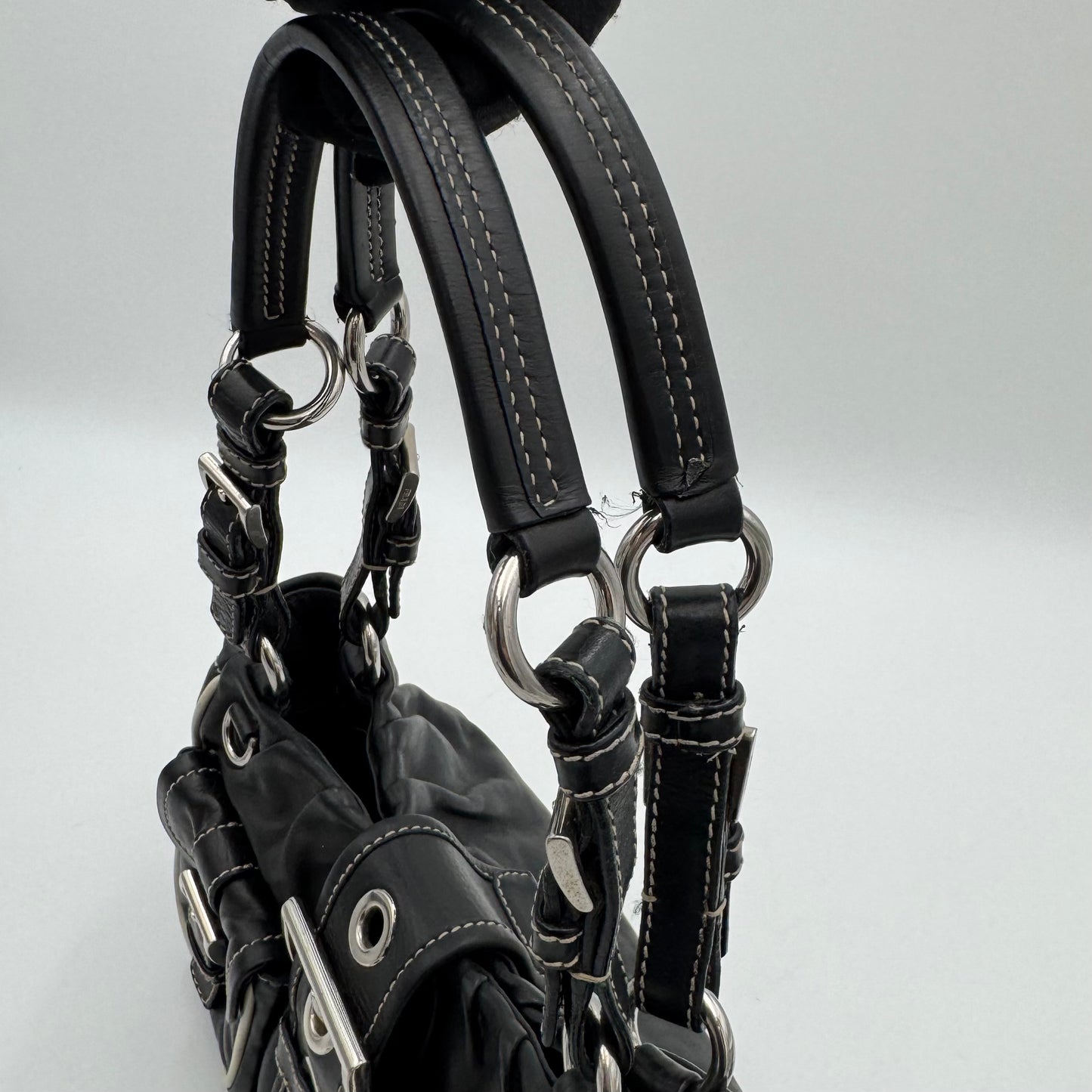 Prada Black Leather Double Pocket Buckle Satchel
