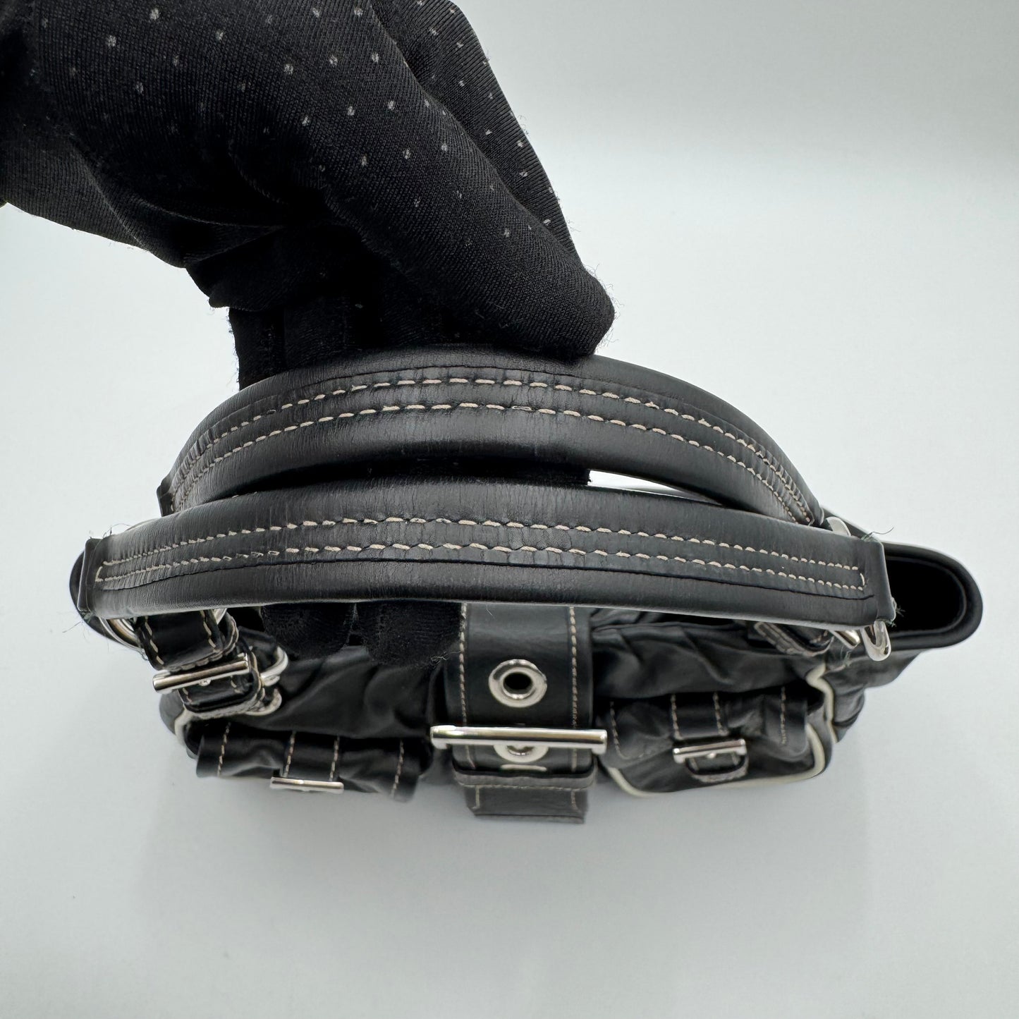 Prada Black Leather Double Pocket Buckle Satchel
