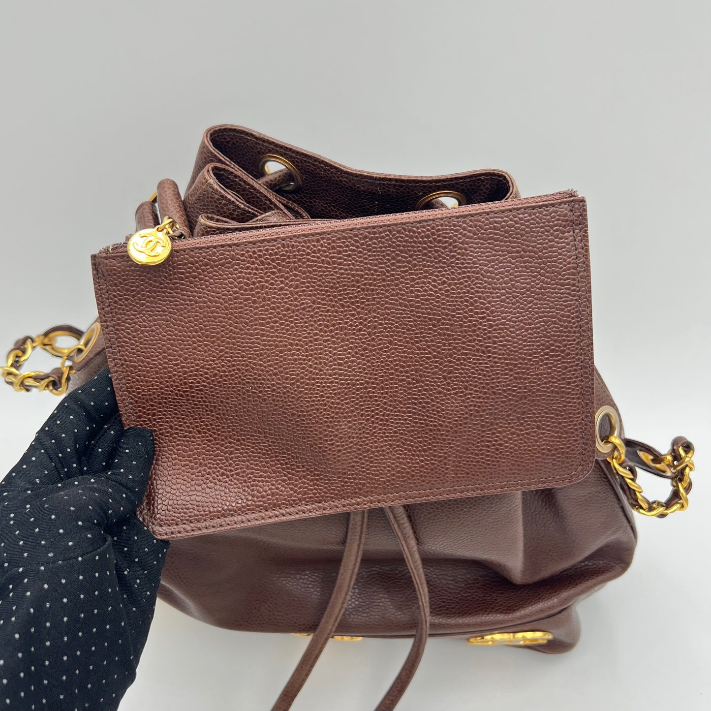 Chanel Vintage Brown Caviar Leather Triple CC Drawstring Bucket Bag Series 2