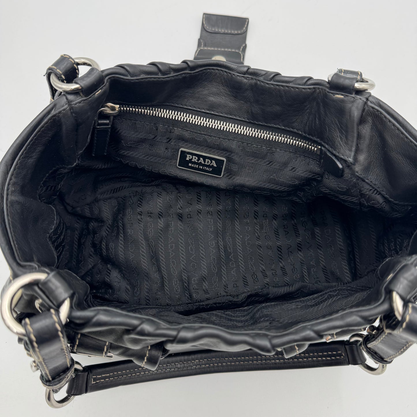 Prada Black Leather Double Pocket Buckle Satchel
