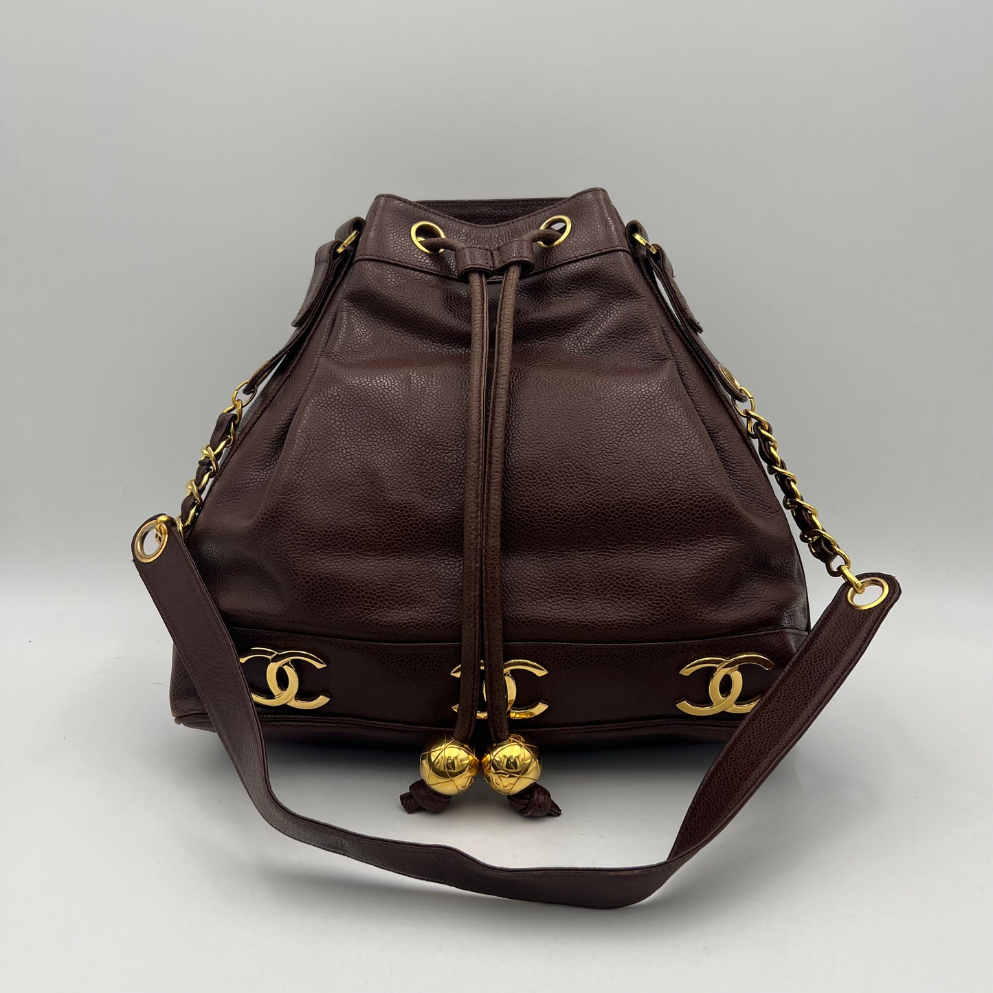 Chanel Vintage Brown Caviar Leather Triple CC Drawstring Bucket Bag Series 2