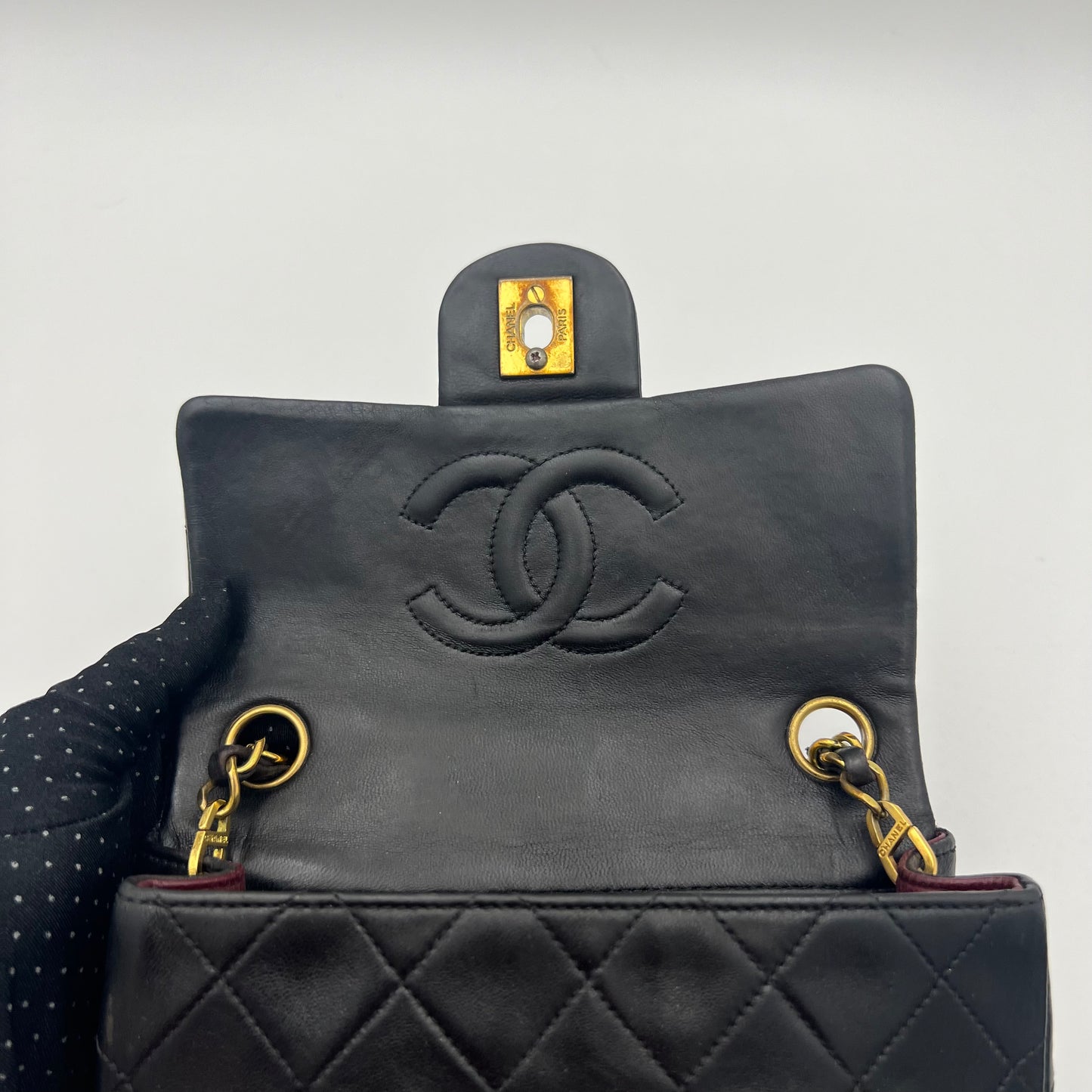 Chanel 1990s Black Lambskin Mini Square Flap Shoulder Bag 17