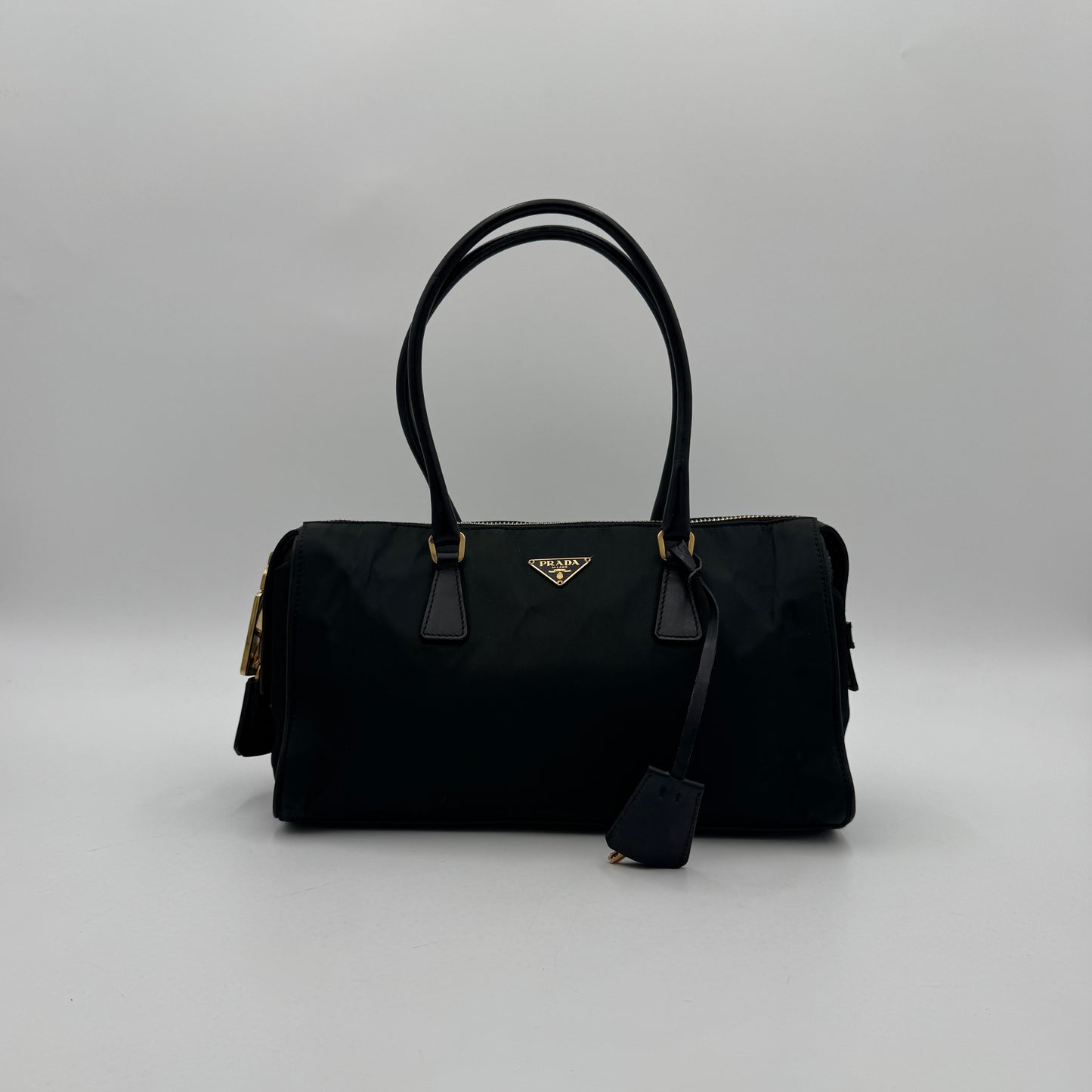 Prada Dark Green Tessuto and Black Leather Small Boston Shoulder Bag GHW