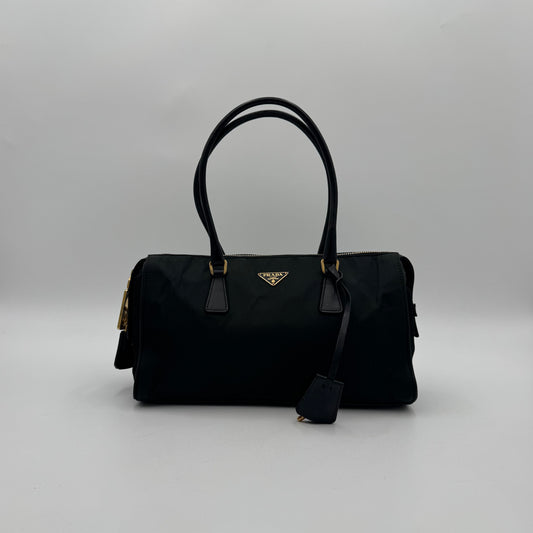 Prada Dark Green Tessuto and Black Leather Small Boston Shoulder Bag GHW