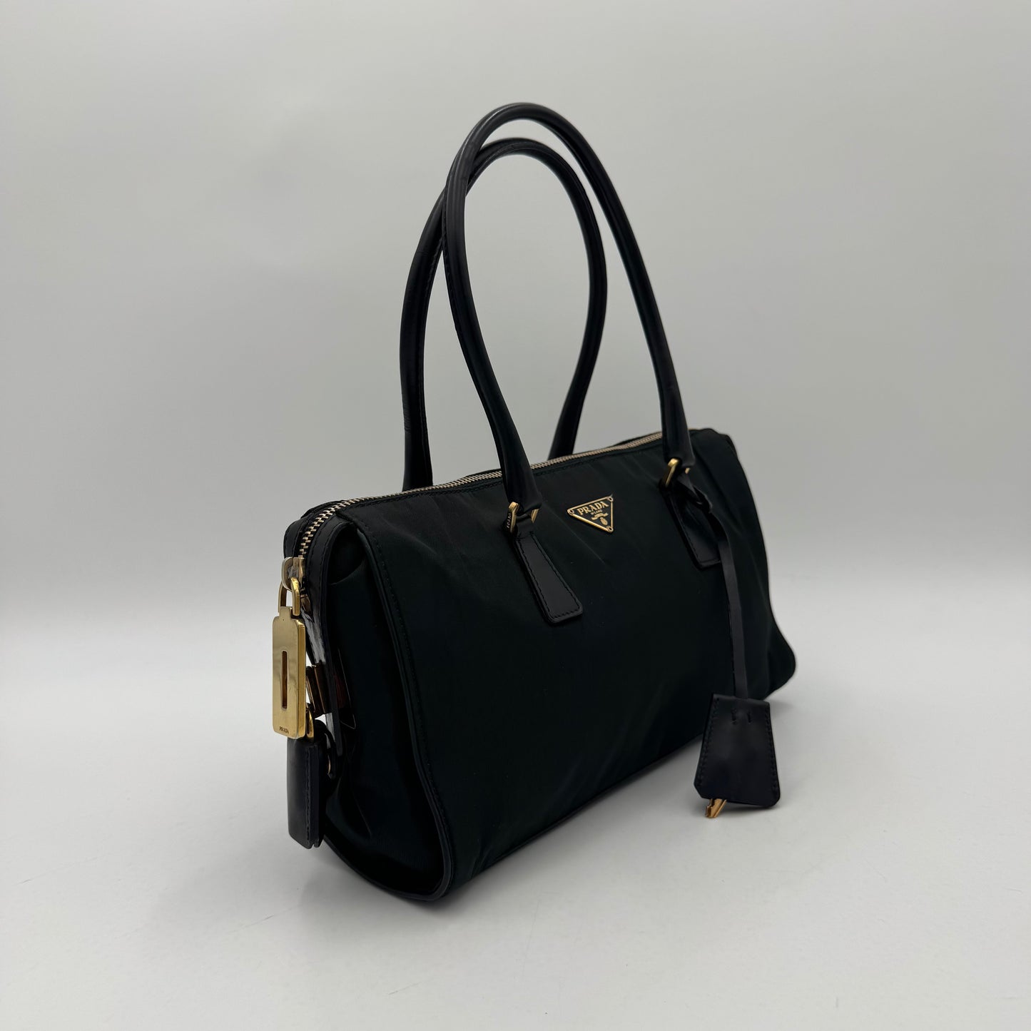 Prada Dark Green Tessuto and Black Leather Small Boston Shoulder Bag GHW