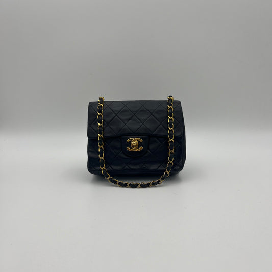 Chanel 1990s Black Lambskin Mini Square Flap Shoulder Bag 17