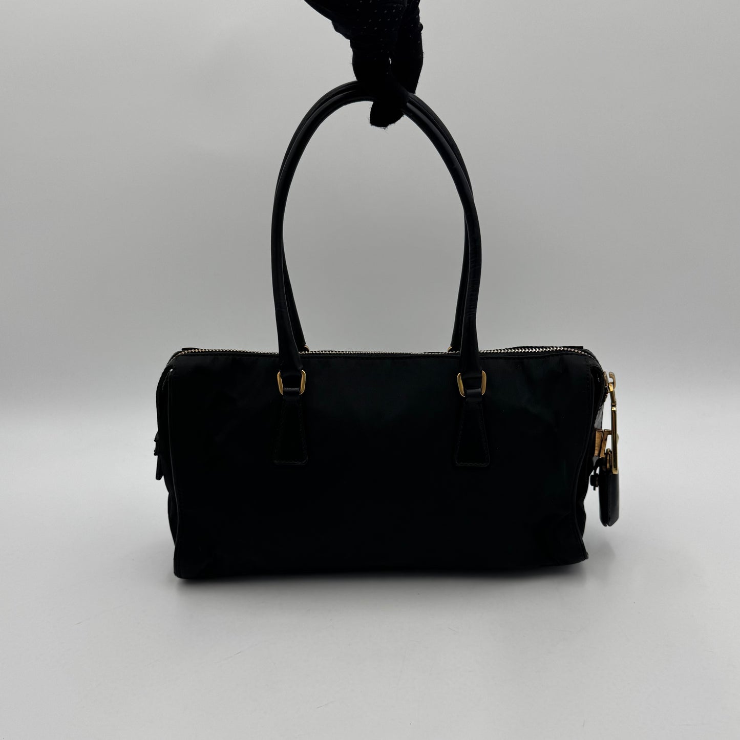 Prada Dark Green Tessuto and Black Leather Small Boston Shoulder Bag GHW