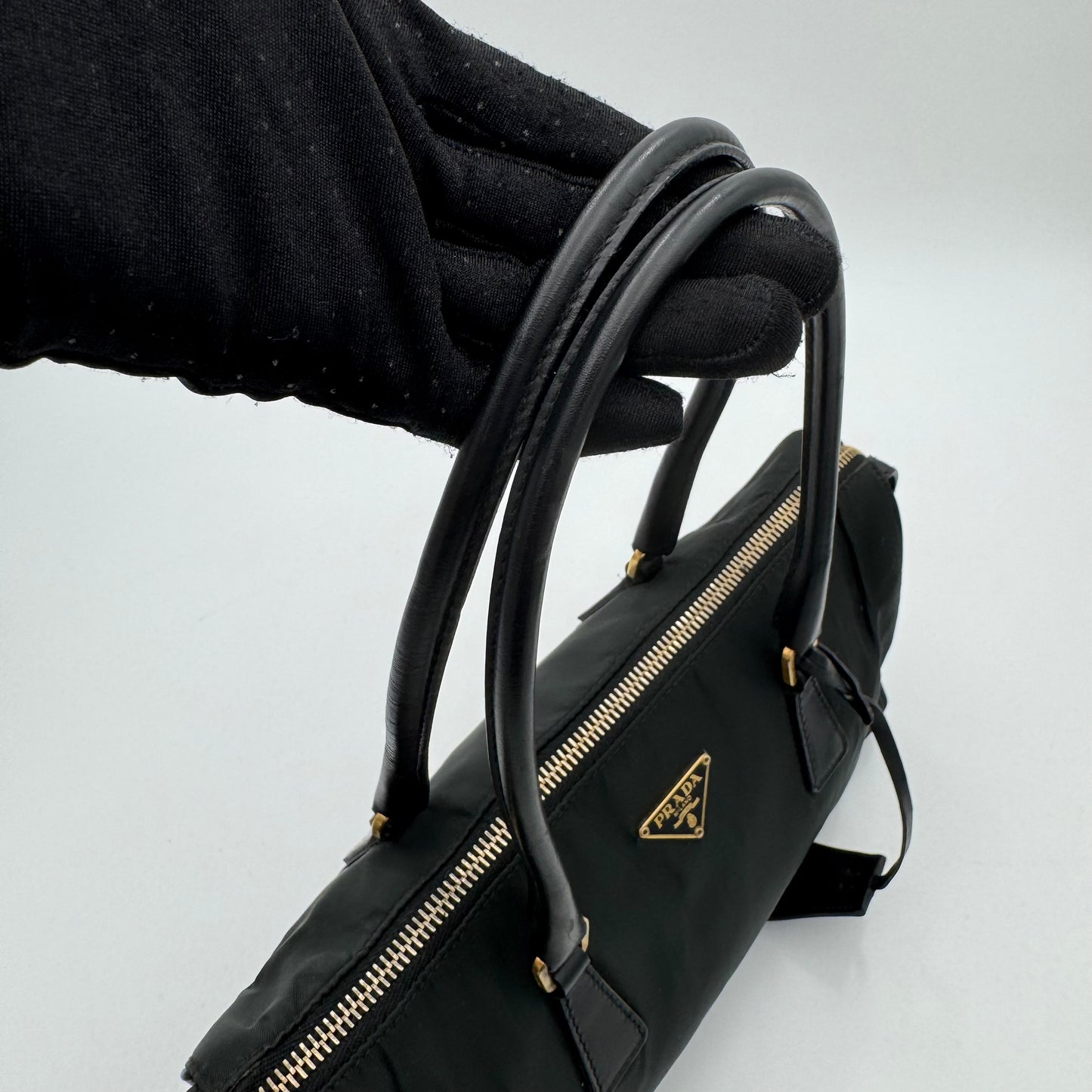 Prada Dark Green Tessuto and Black Leather Small Boston Shoulder Bag GHW