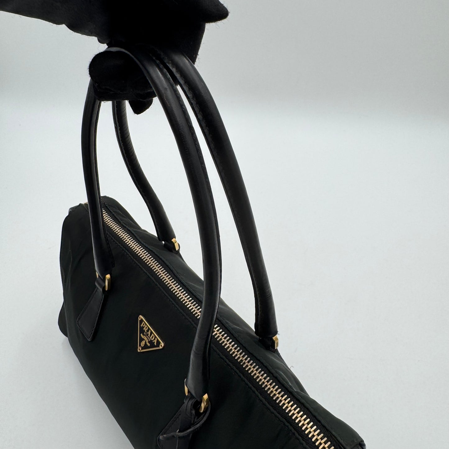 Prada Dark Green Tessuto and Black Leather Small Boston Shoulder Bag GHW
