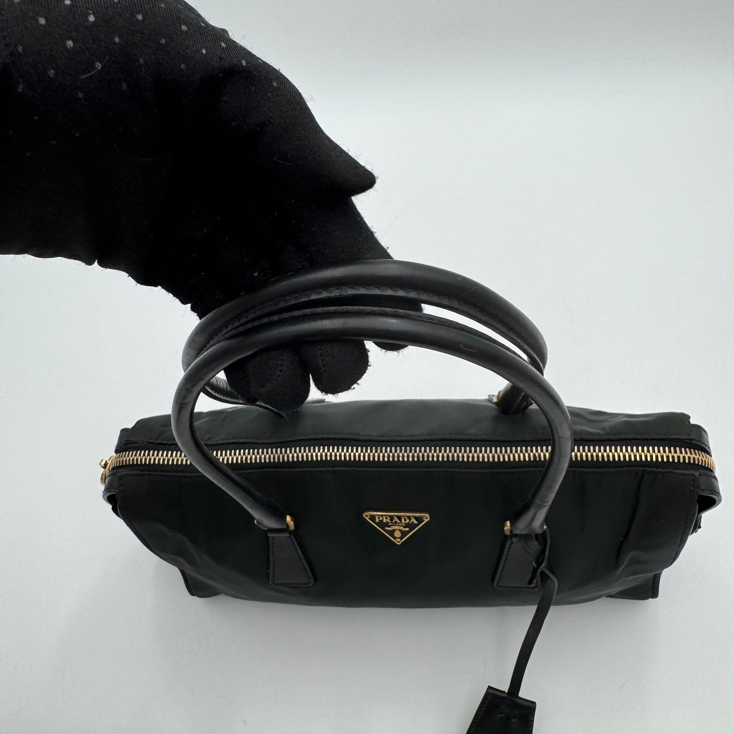 Prada Dark Green Tessuto and Black Leather Small Boston Shoulder Bag GHW