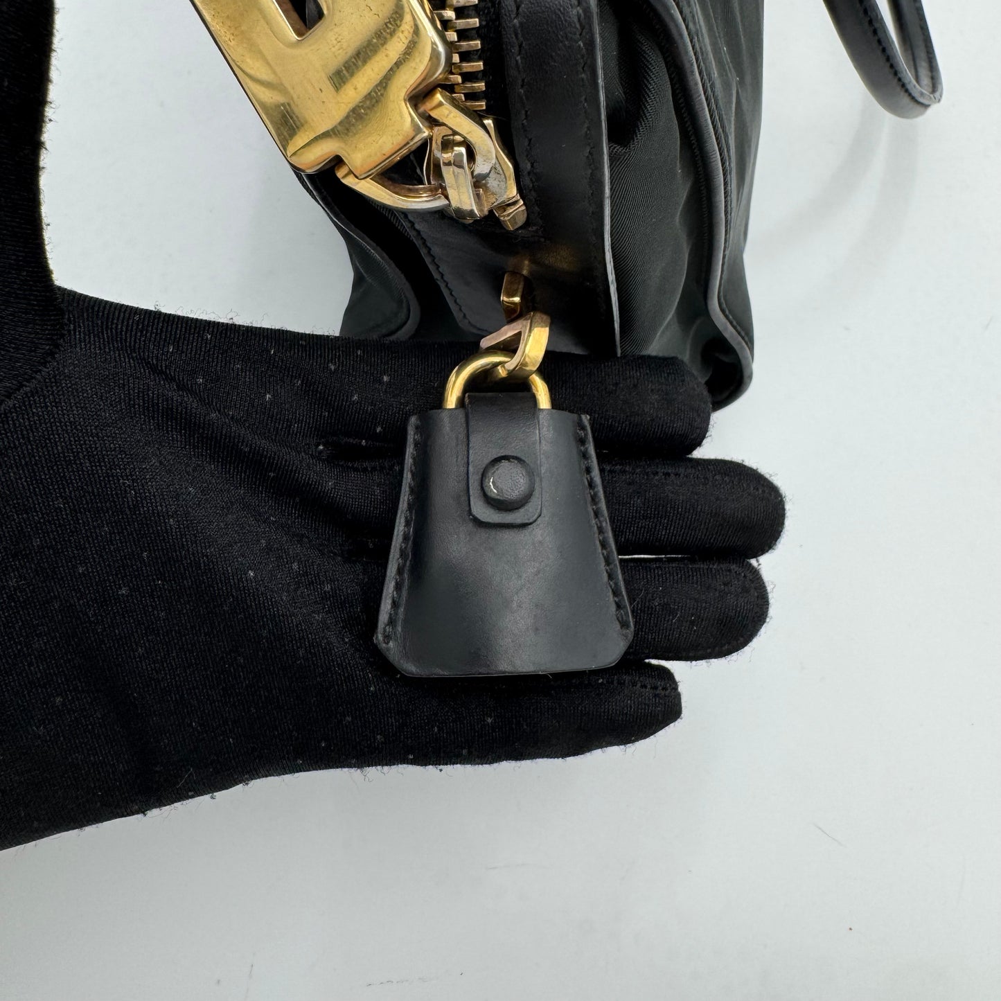 Prada Dark Green Tessuto and Black Leather Small Boston Shoulder Bag GHW