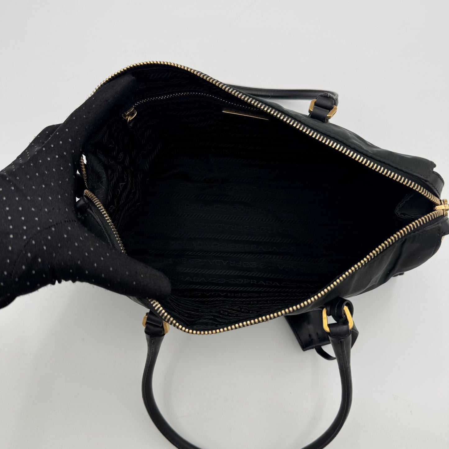 Prada Dark Green Tessuto and Black Leather Small Boston Shoulder Bag GHW