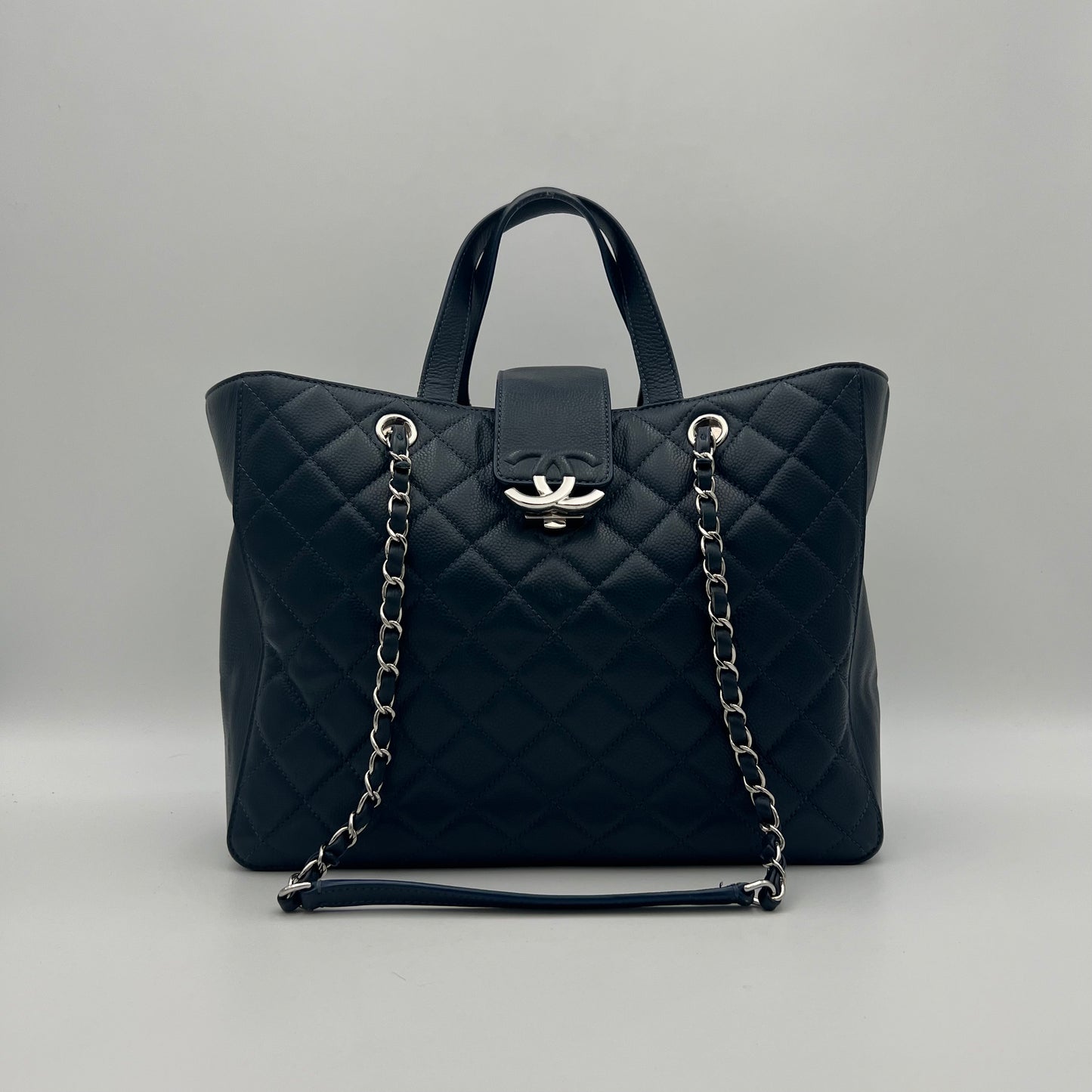 Chanel Navy Blue Quilted Caviar Box Shopping Tote Series 24