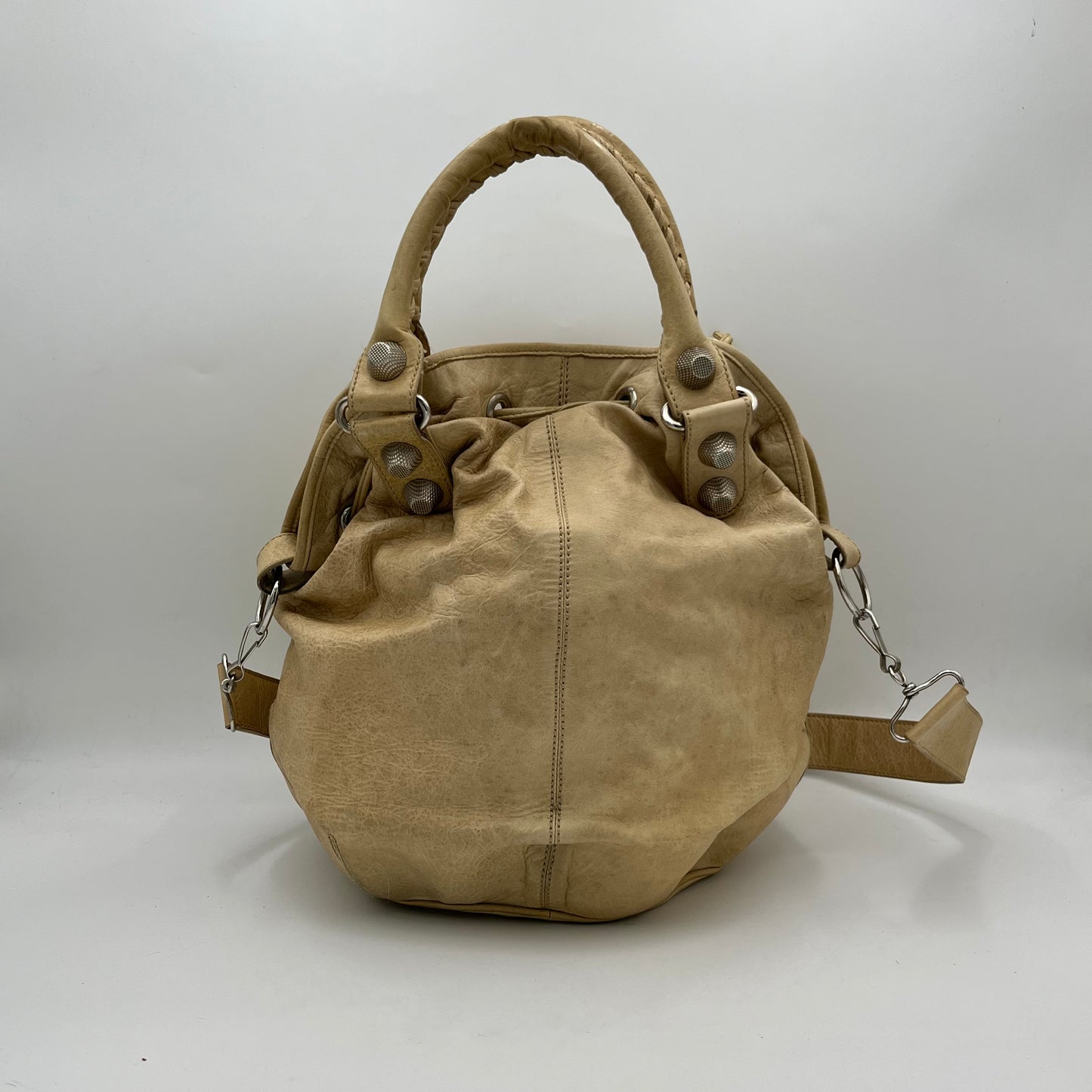 Balenciaga Sand Beige Leather Pompon Hobo with Long Strap