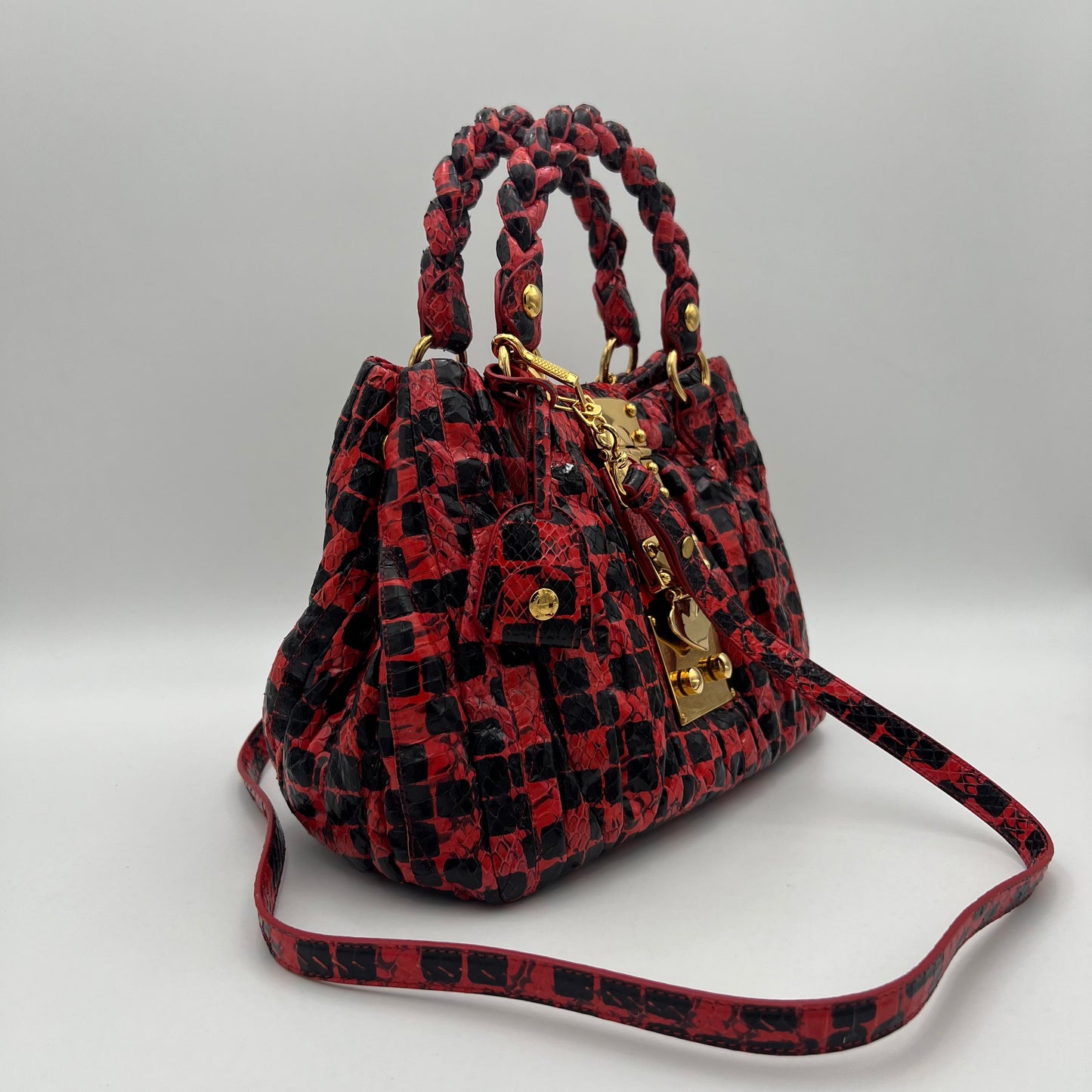 Miu Miu Red and Black Python Leather Coffer Handbag
