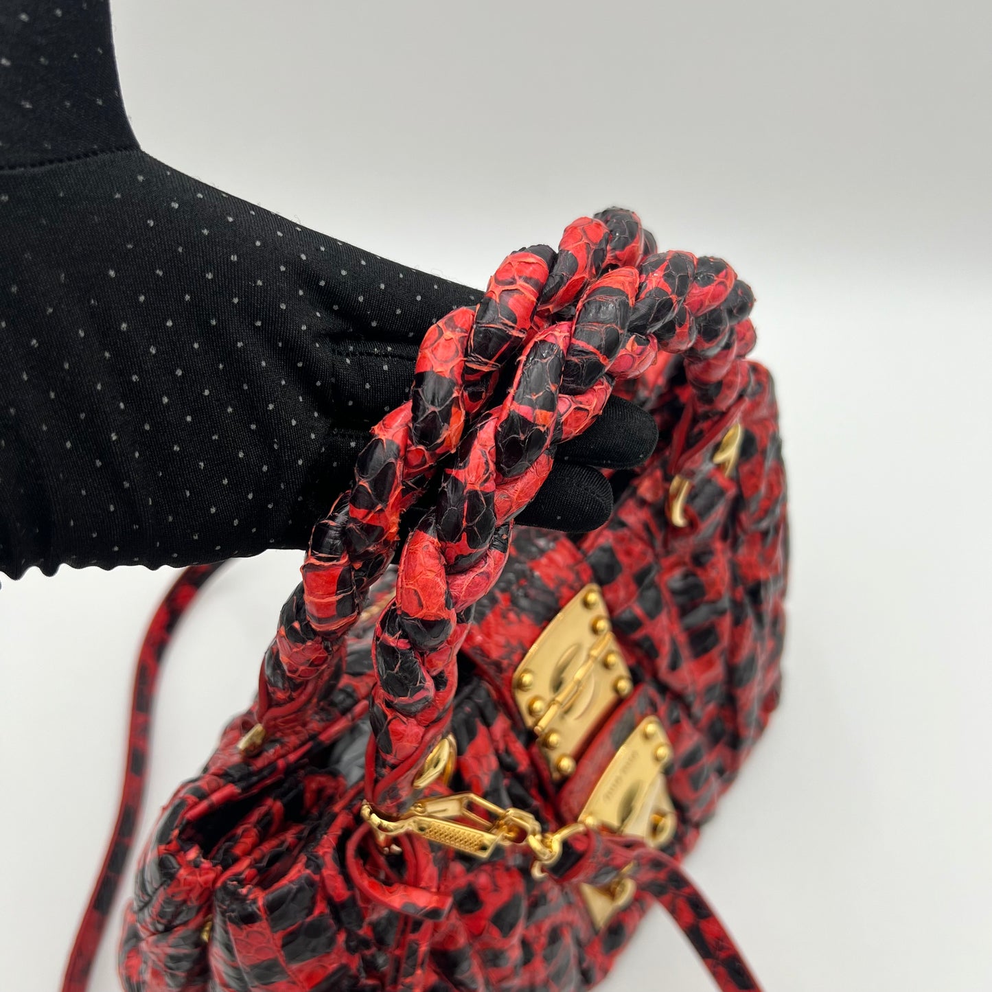 Miu Miu Red and Black Python Leather Coffer Handbag