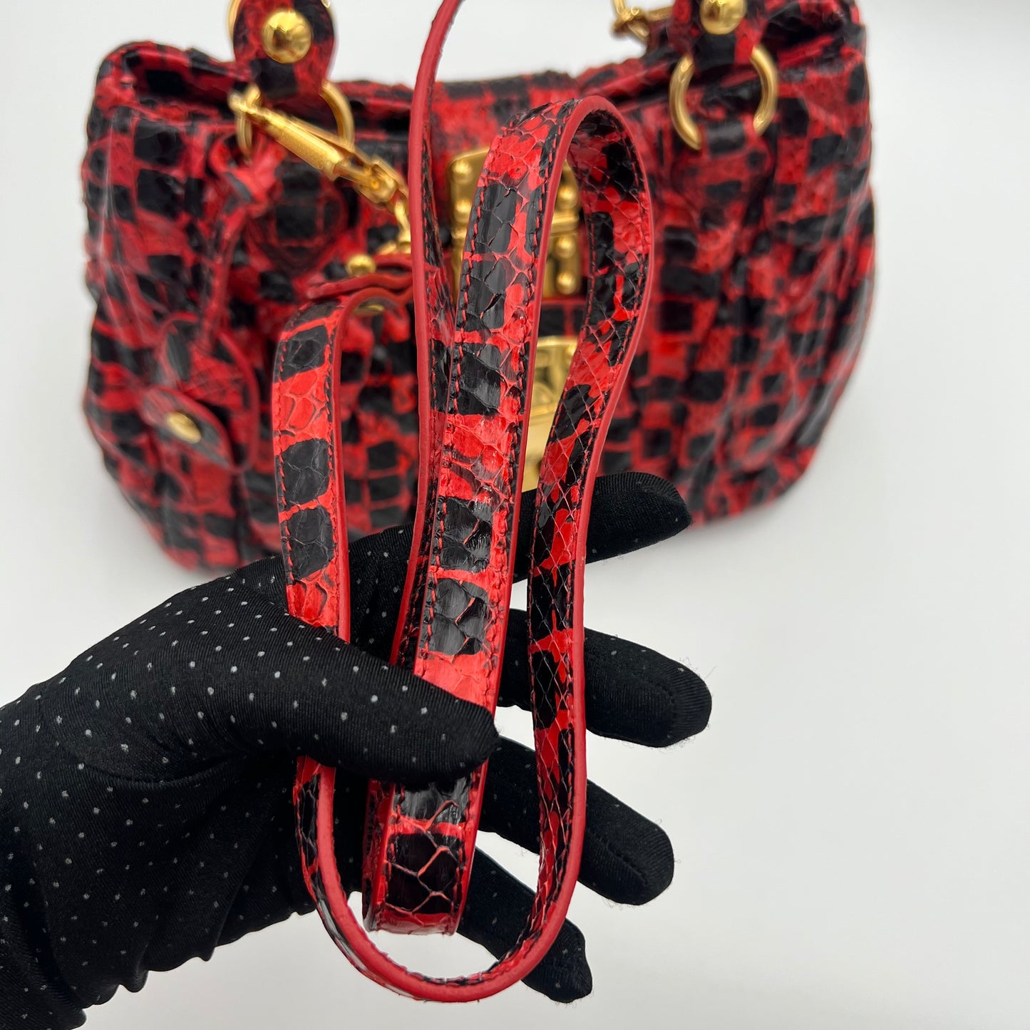 Miu Miu Red and Black Python Leather Coffer Handbag