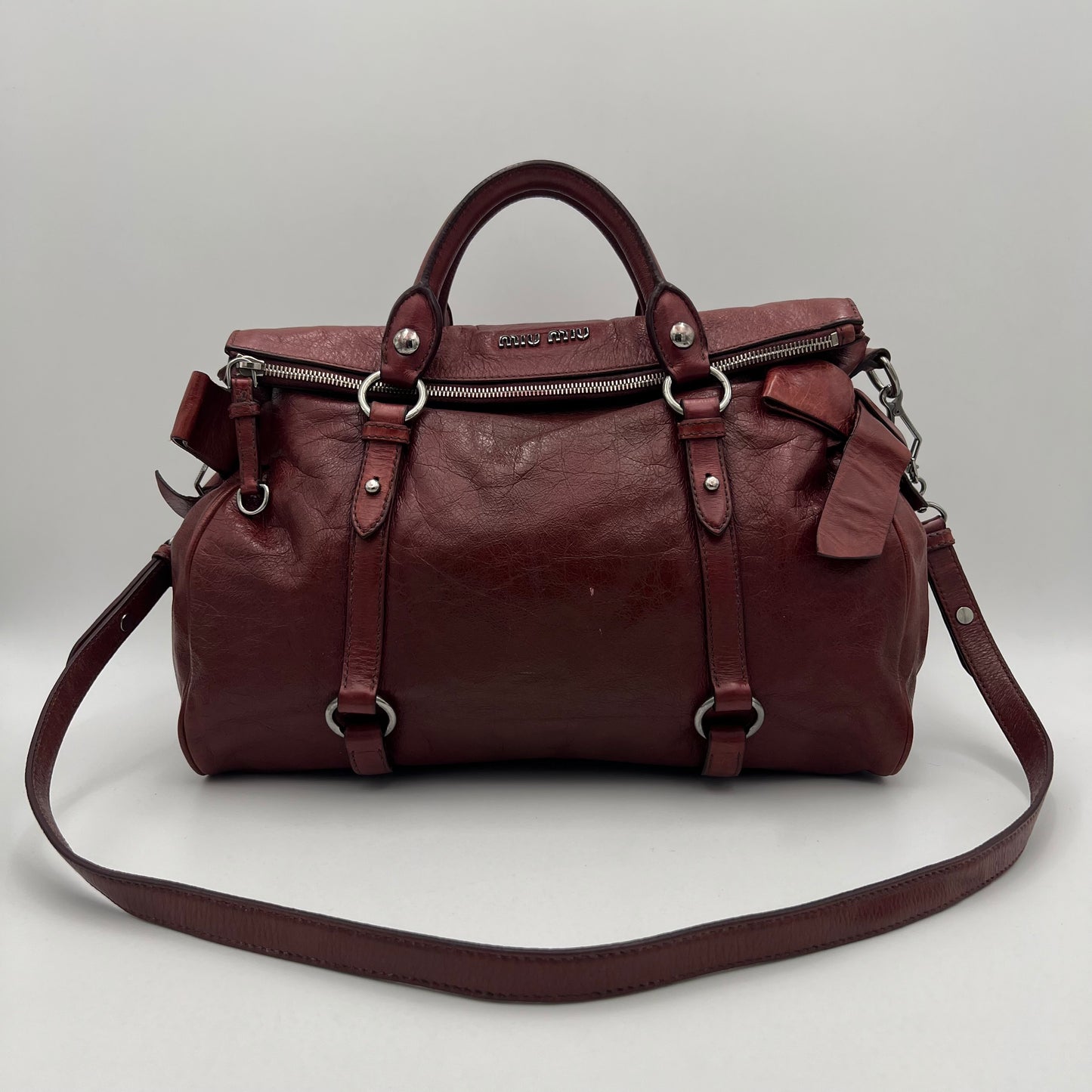 Miu Miu Burgundy Lux Vitello Bow Satchel Bag