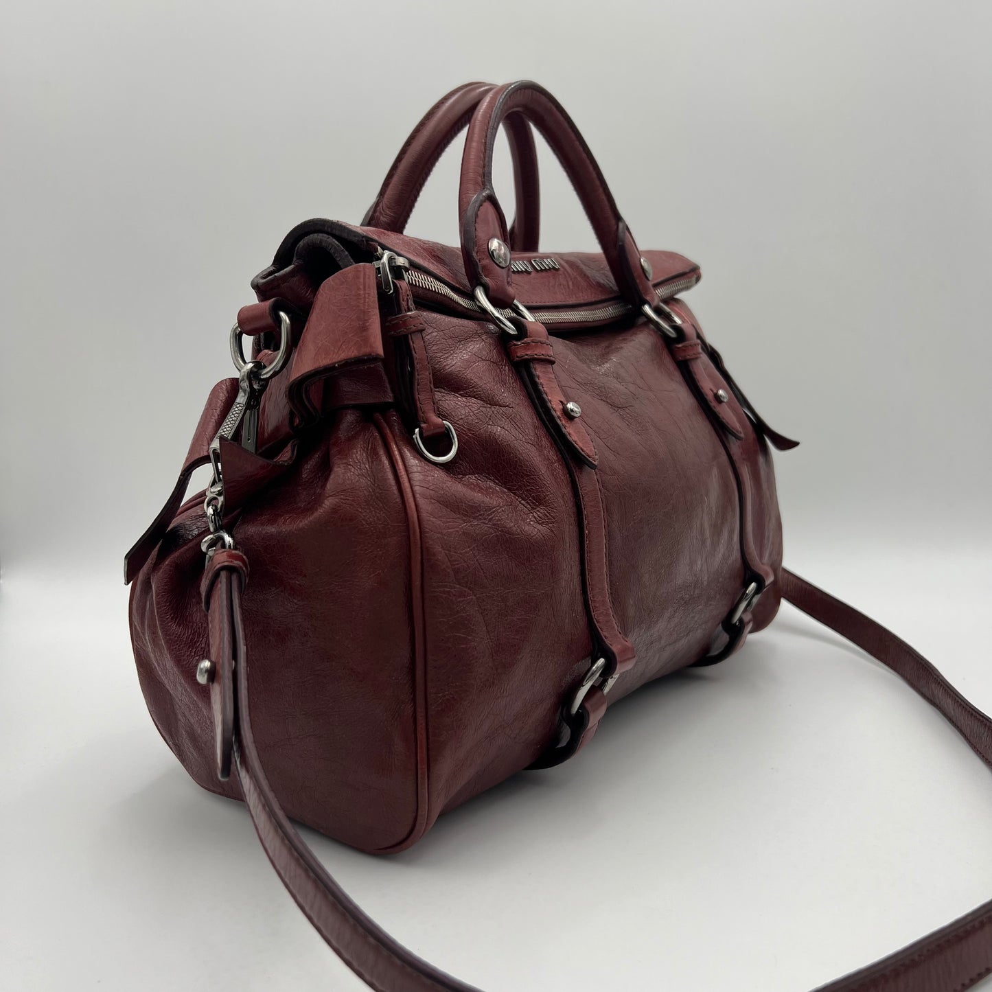 Miu Miu Burgundy Lux Vitello Bow Satchel Bag