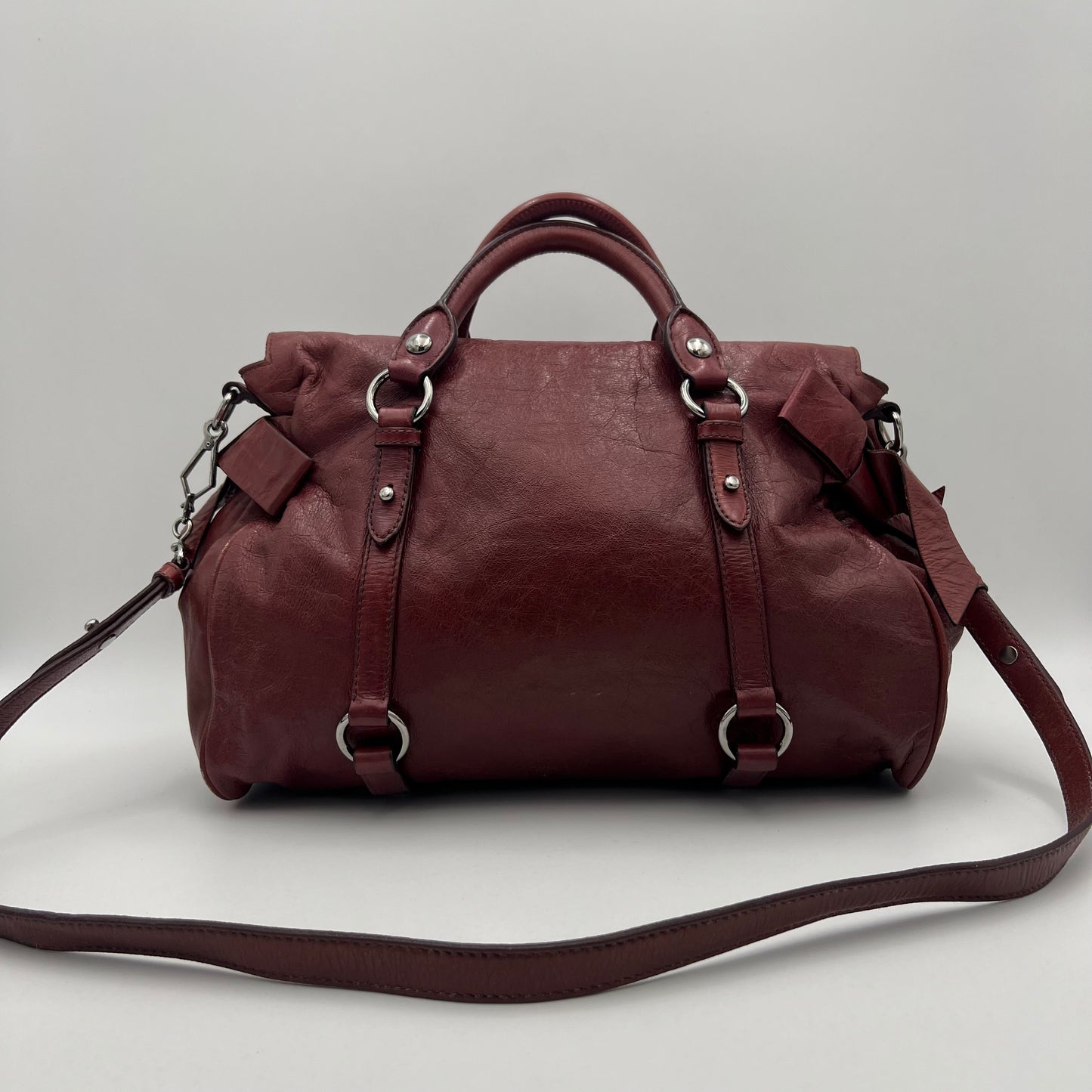 Miu Miu Burgundy Lux Vitello Bow Satchel Bag