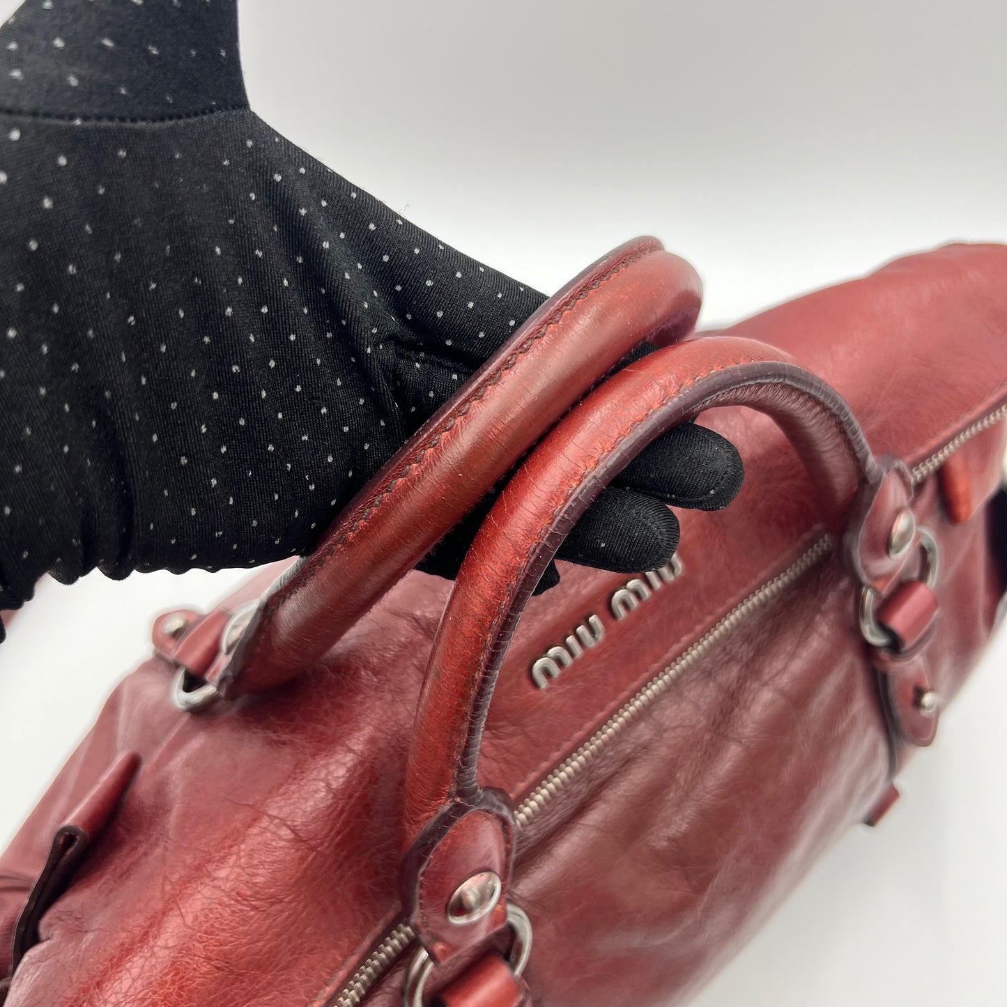 Miu Miu Burgundy Lux Vitello Bow Satchel Bag