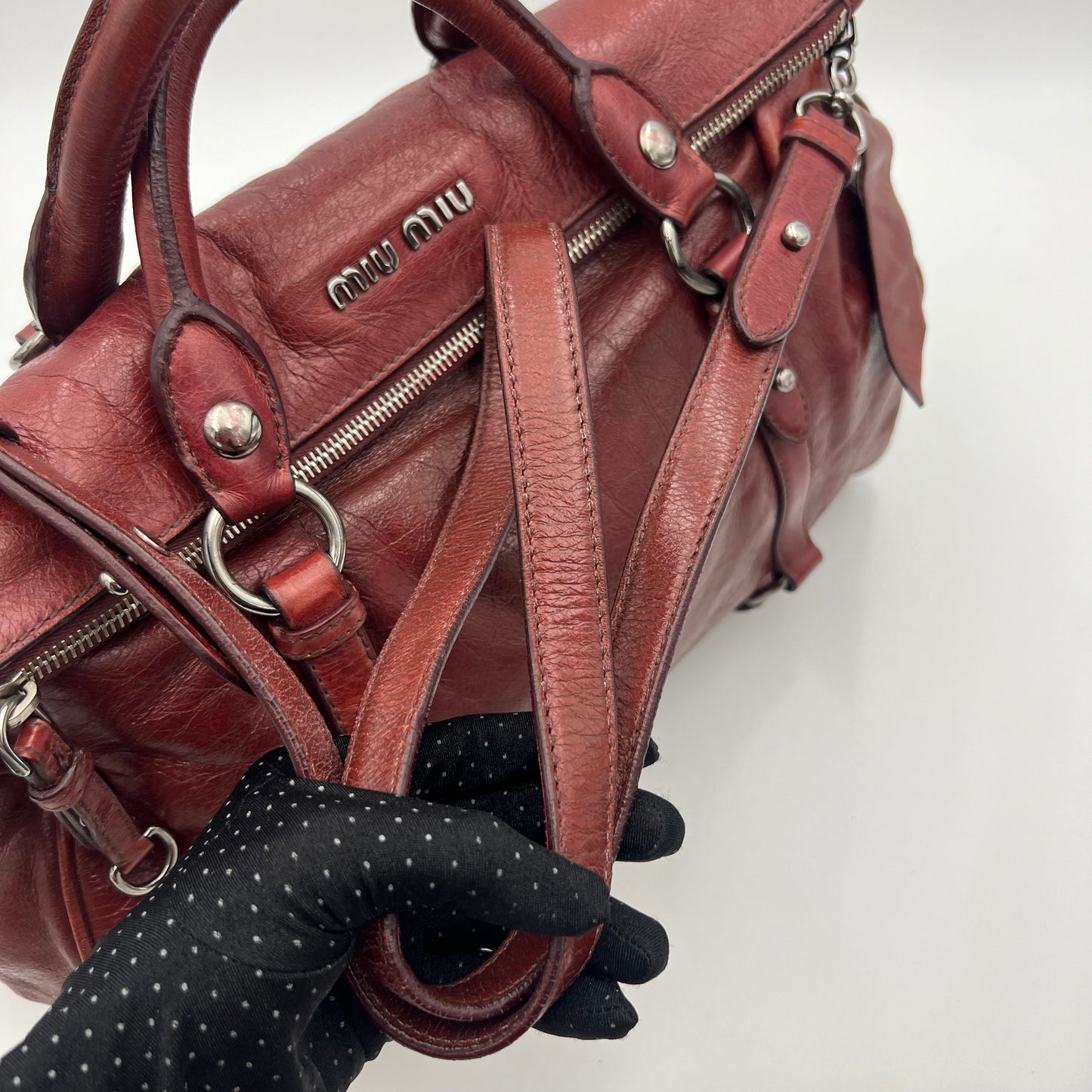 Miu Miu Burgundy Lux Vitello Bow Satchel Bag
