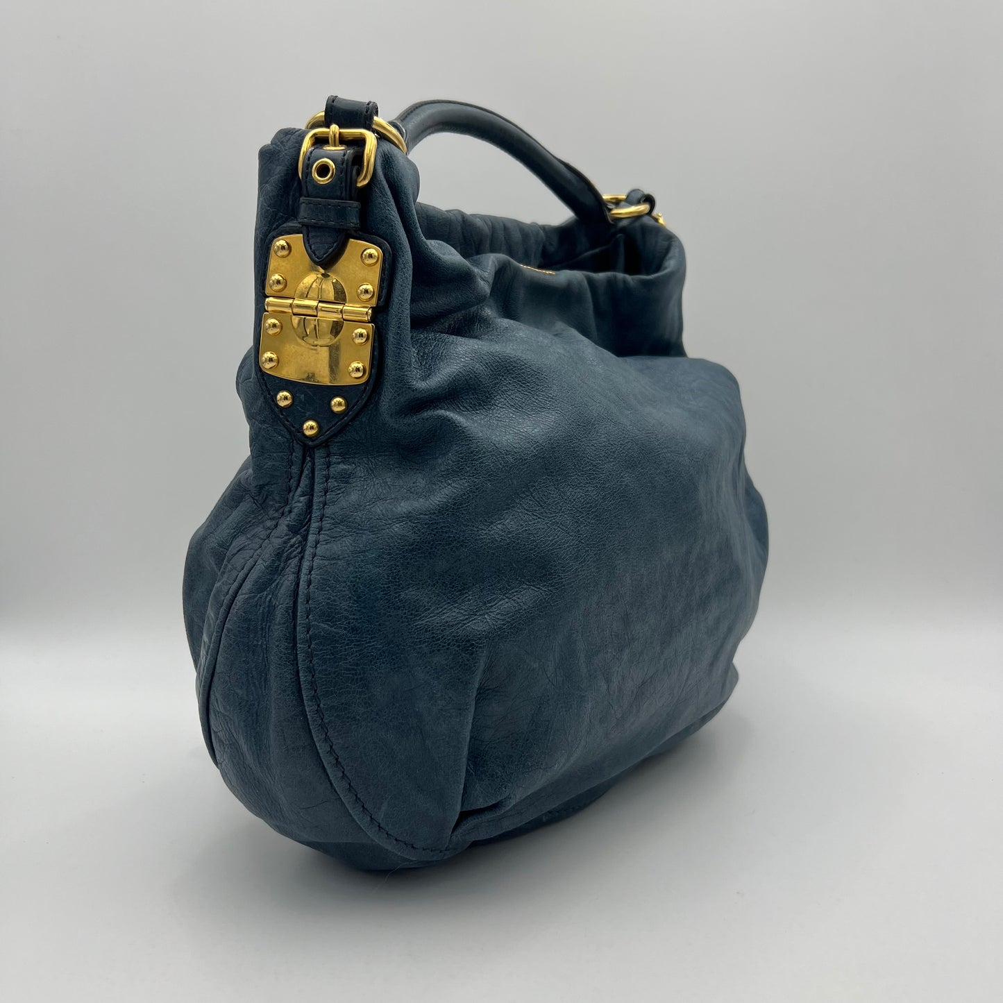 Miu Miu Blue Vitello Lux Hobo Bag GHW