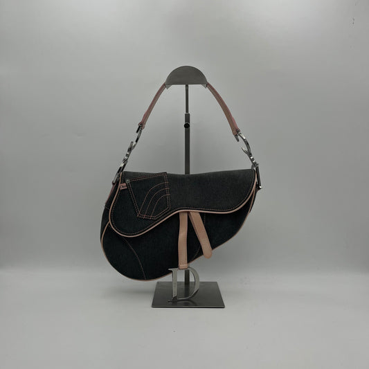 Christian Dior Gray Denim Pink Leather Pocket Saddle