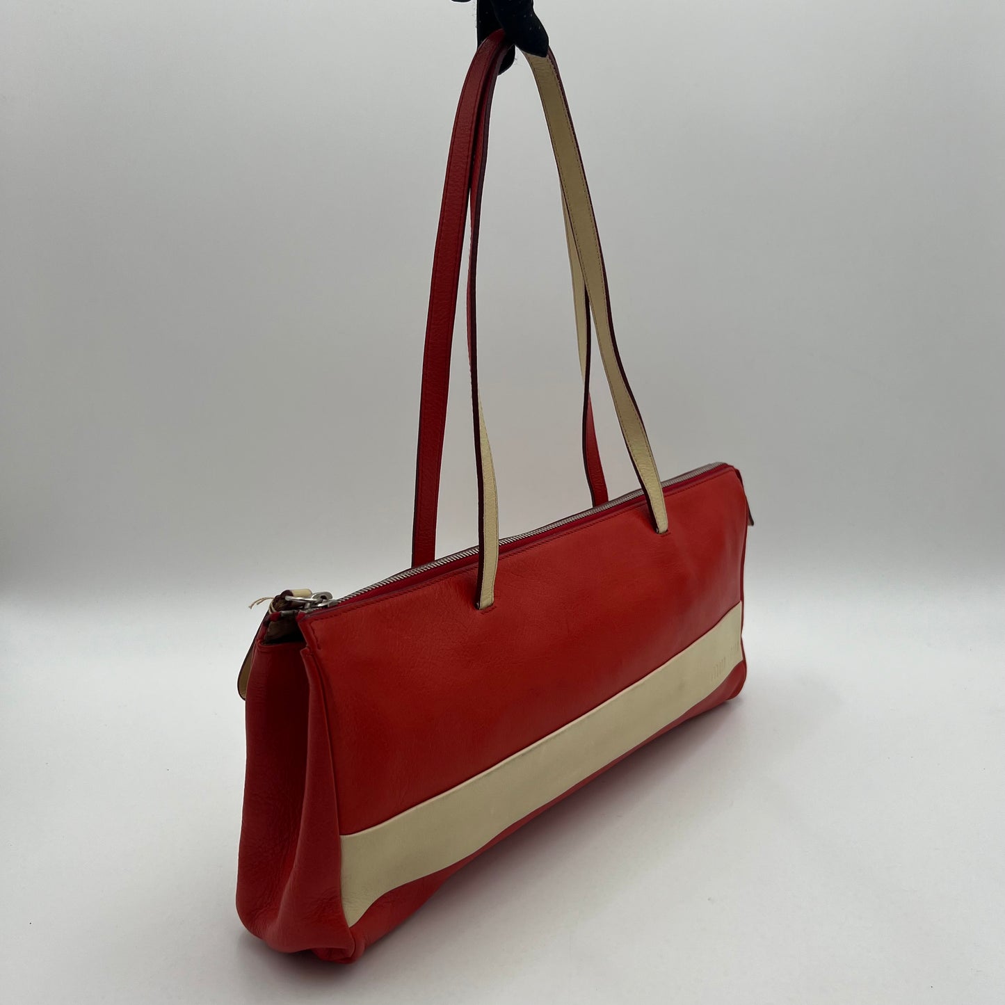 Miu Miu Red Leather Cream Striped East West Shoulder Bag