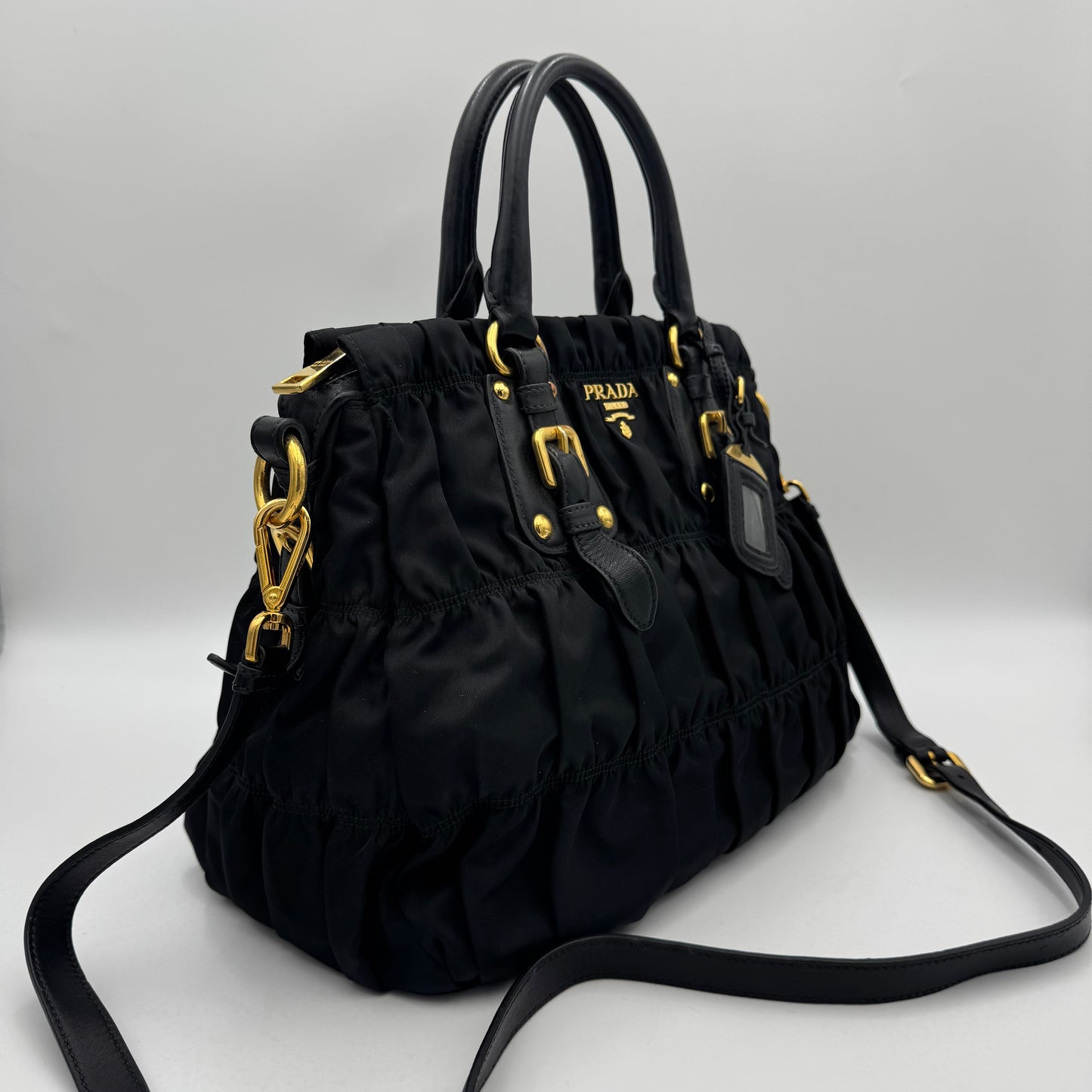 Prada Black Tessuto and Leather Gaufre Handbag GHW