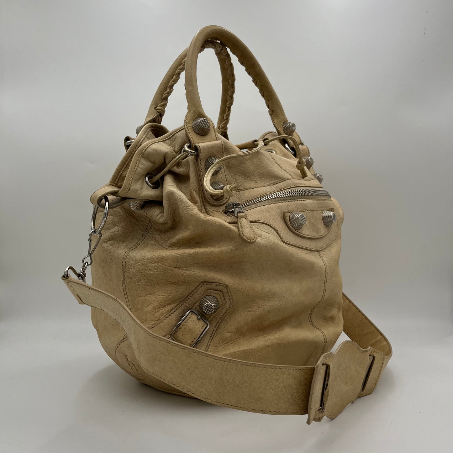 Balenciaga Sand Beige Leather Pompon Hobo with Long Strap