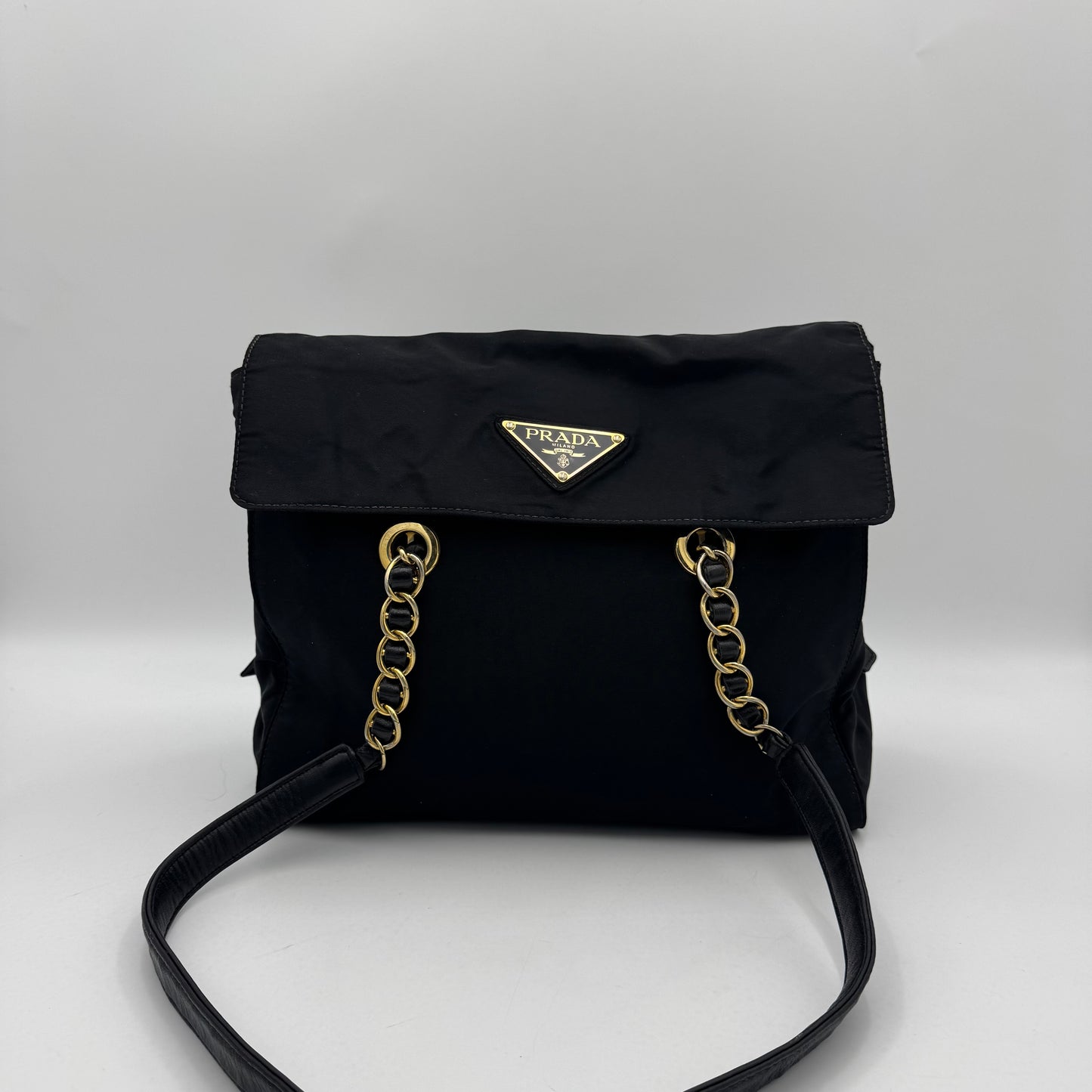 Prada Black Nylon and Leather Large Logo Medium Flap Chain Bag GHW