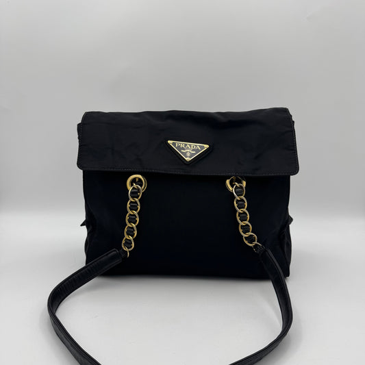 Prada Black Nylon and Leather Large Logo Medium Flap Chain Bag GHW