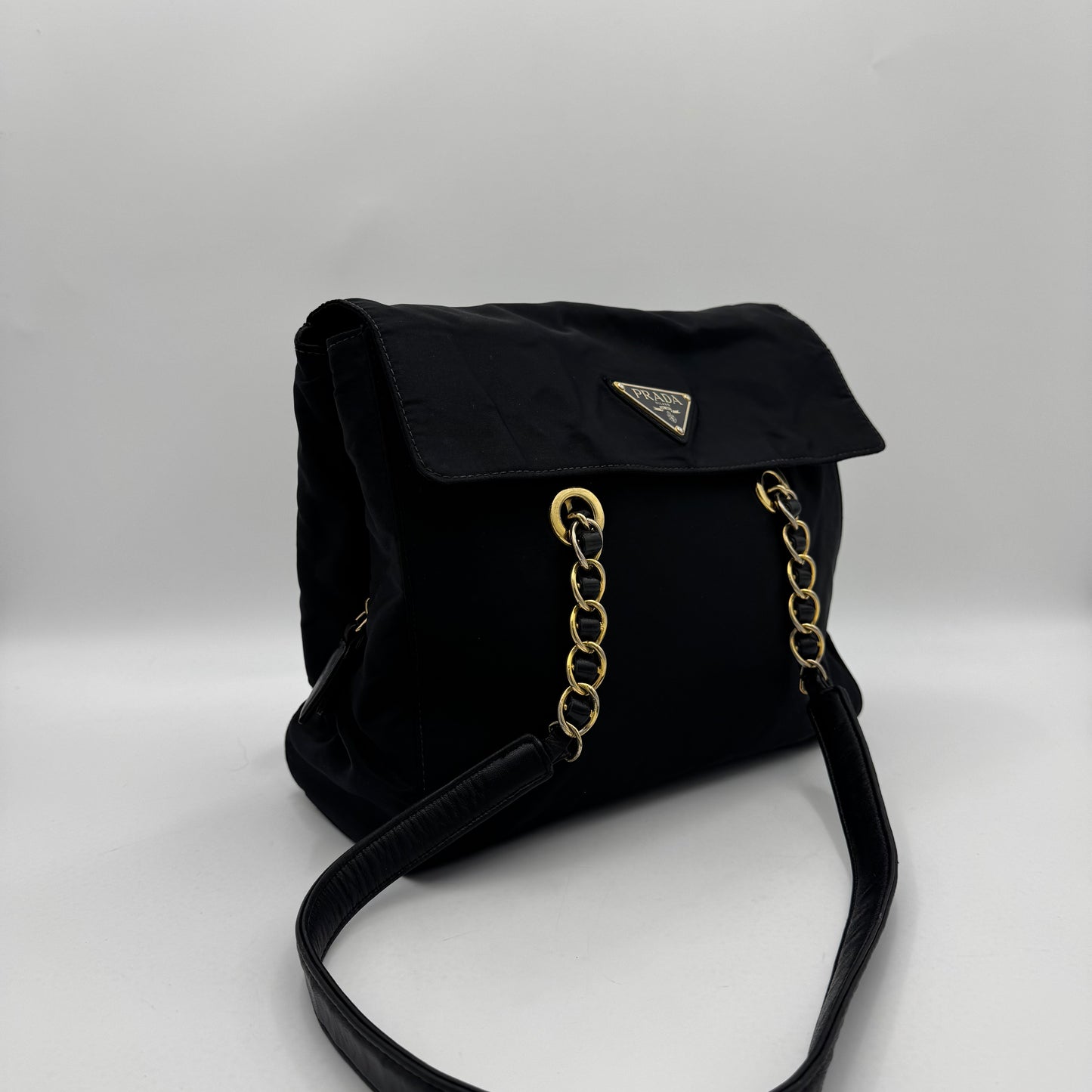 Prada Black Nylon and Leather Large Logo Medium Flap Chain Bag GHW