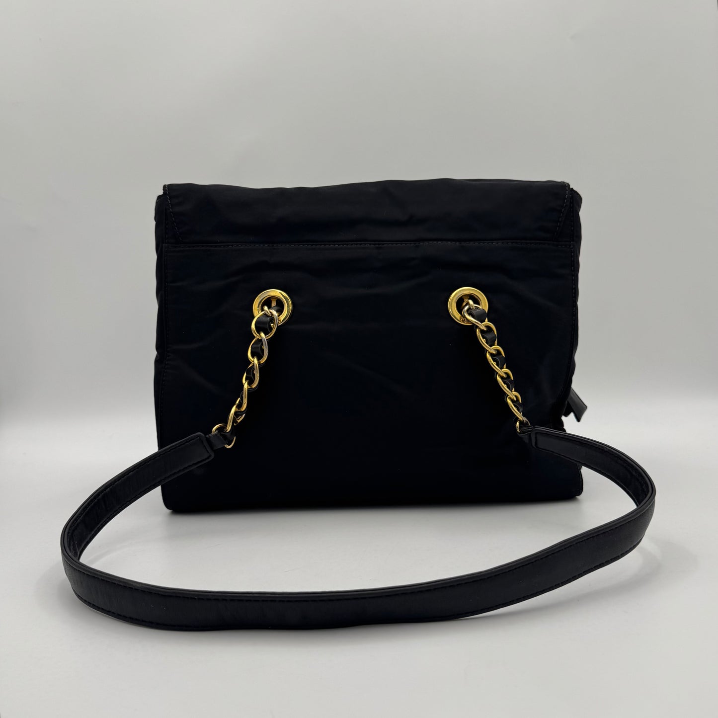 Prada Black Nylon and Leather Large Logo Medium Flap Chain Bag GHW