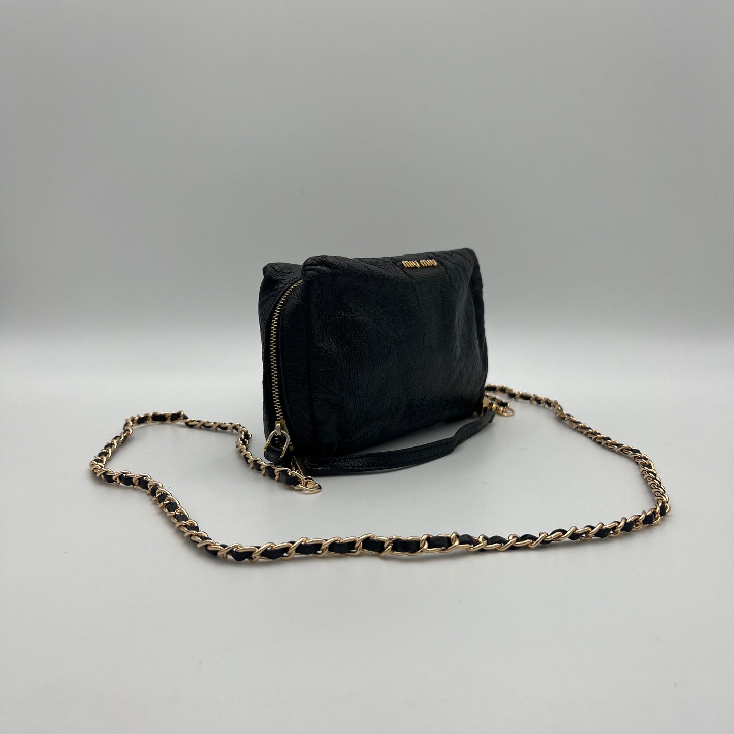 Miu Miu Black Tessuto Vernis Leather Pochette Handbag
