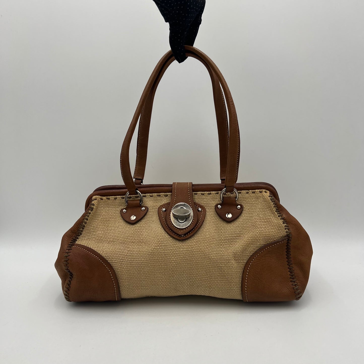 Miu Miu 2000 Archive Canvas and Brown Leather Turn Lock Handbag