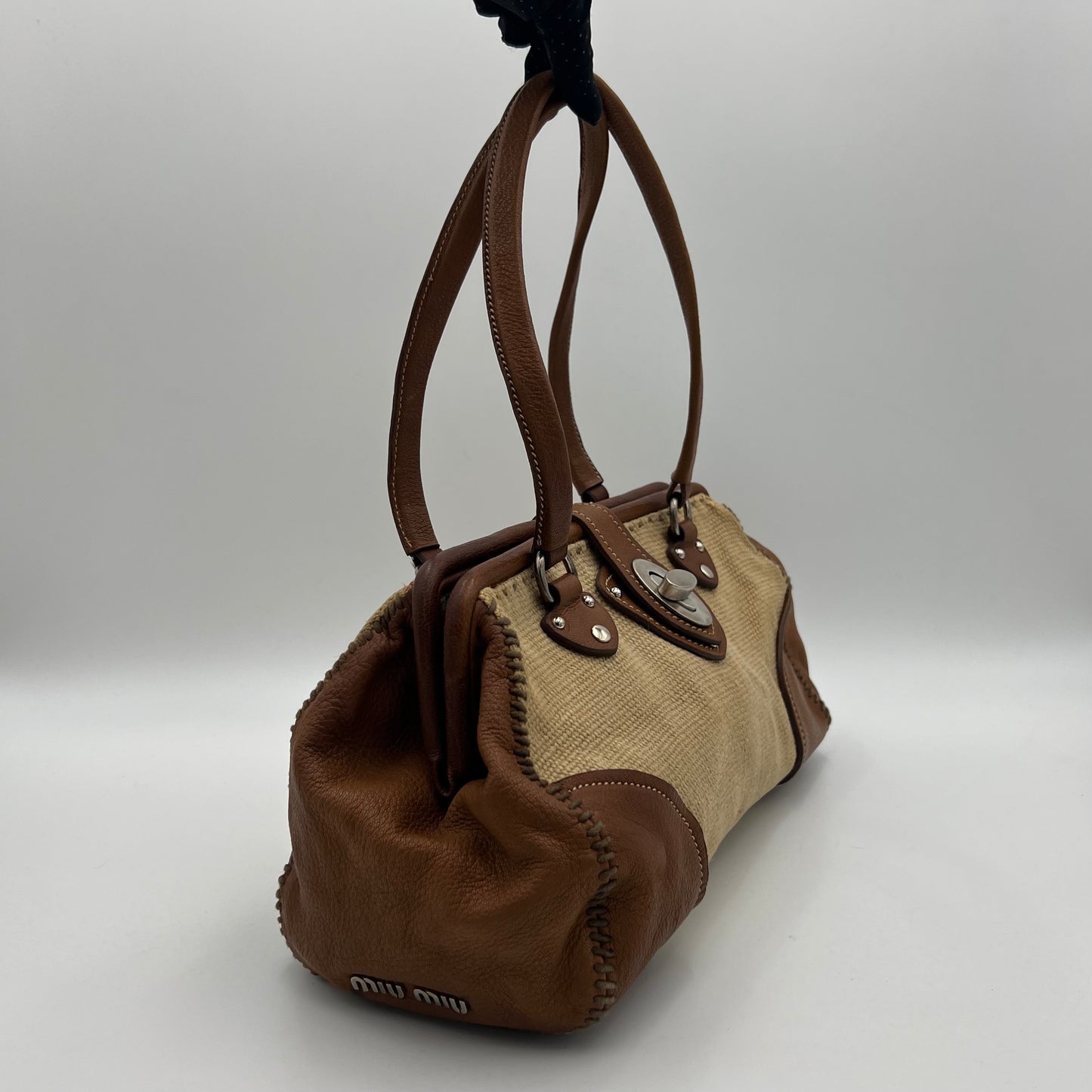 Miu Miu 2000 Archive Canvas and Brown Leather Turn Lock Handbag