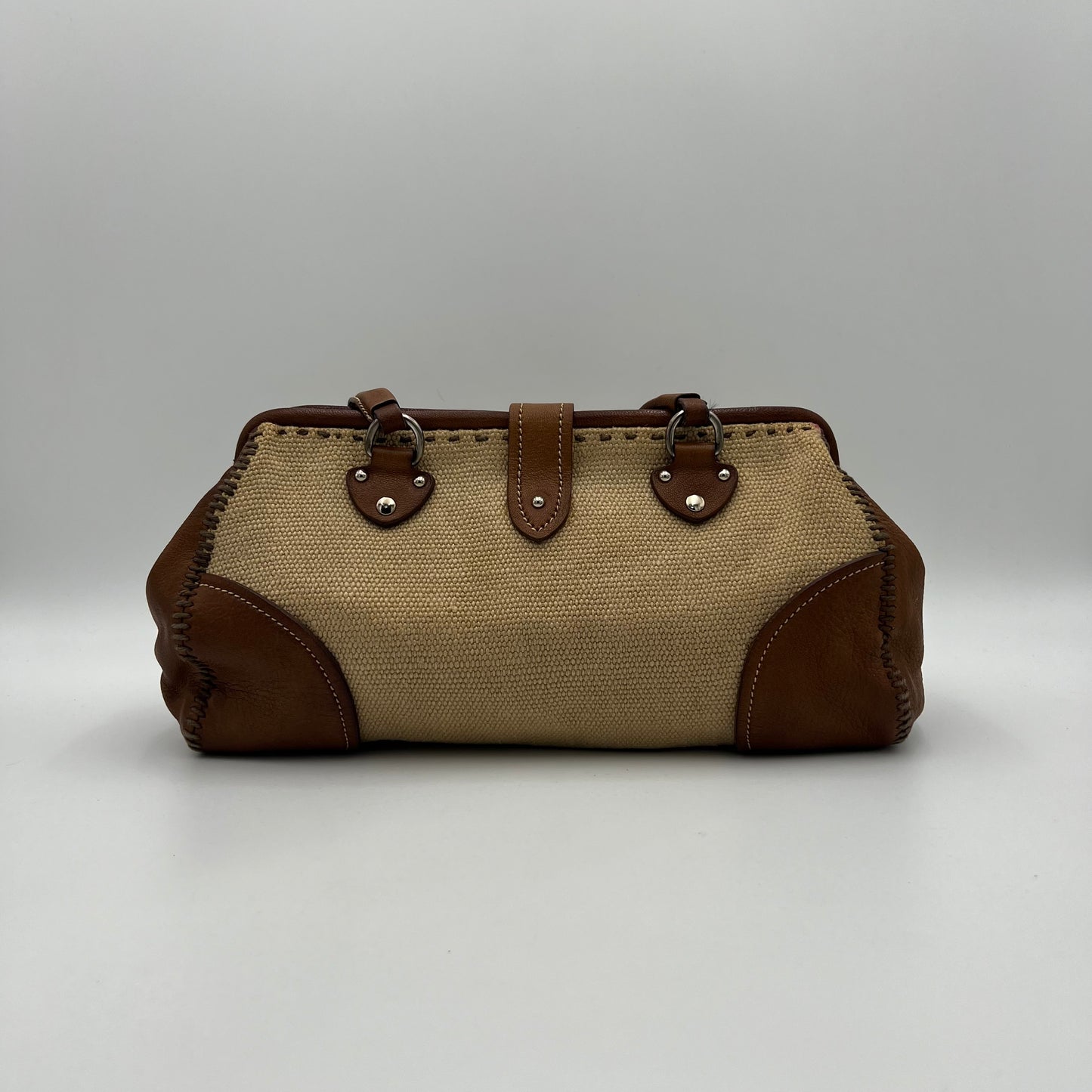 Miu Miu 2000 Archive Canvas and Brown Leather Turn Lock Handbag