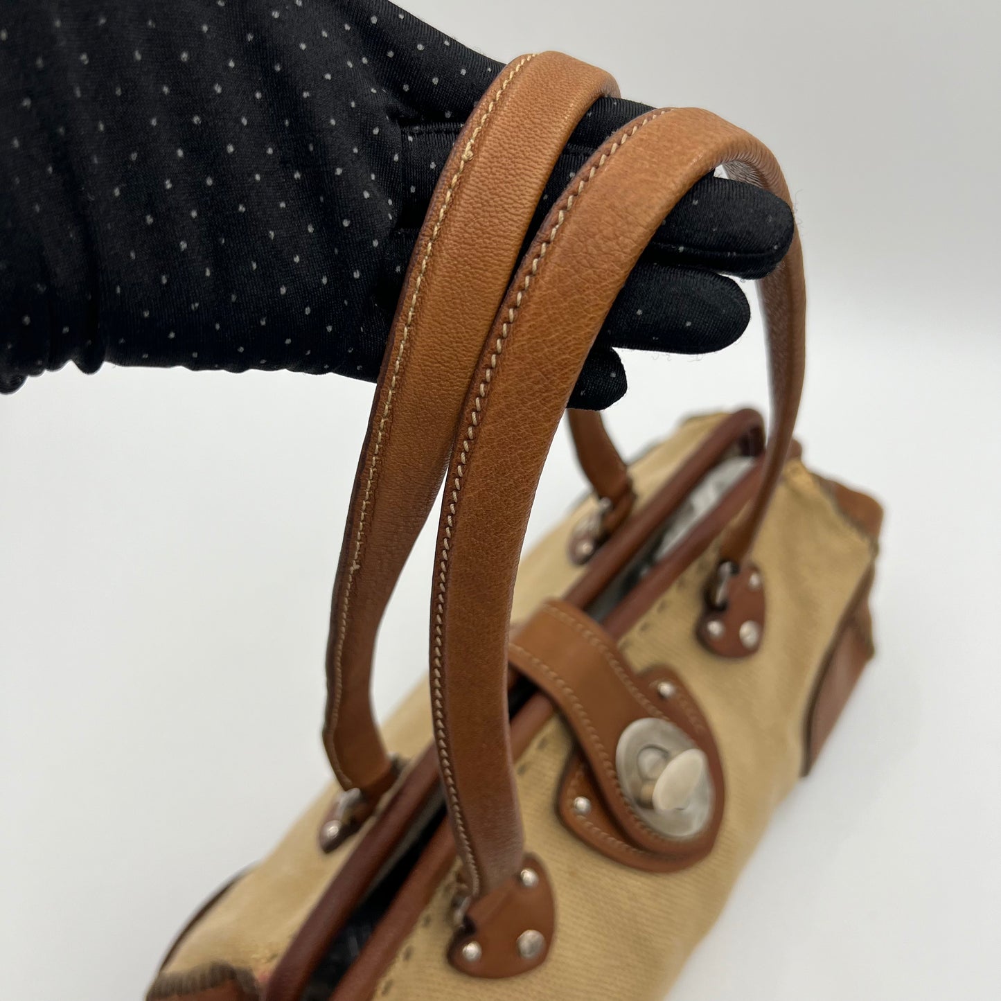 Miu Miu 2000 Archive Canvas and Brown Leather Turn Lock Handbag