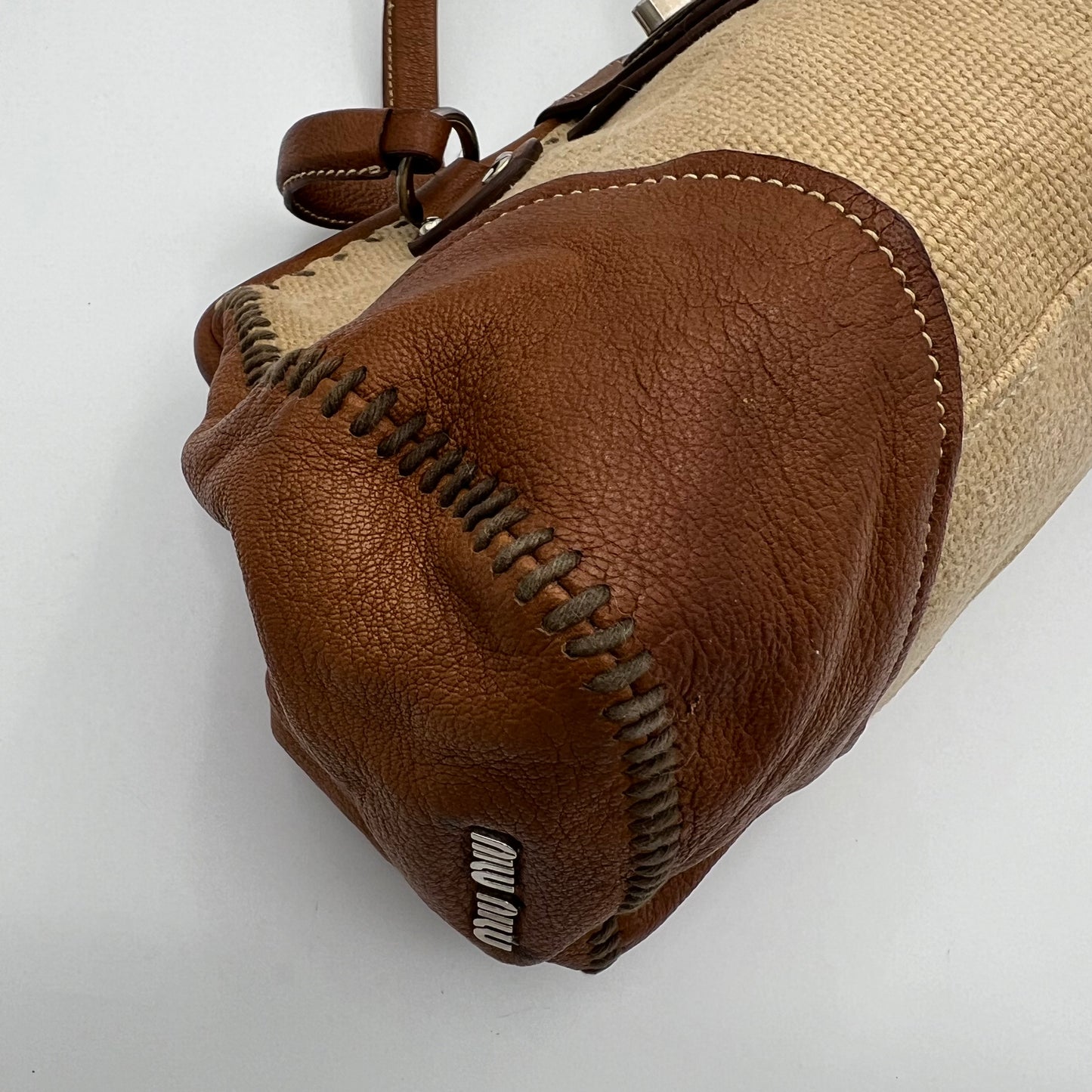 Miu Miu 2000 Archive Canvas and Brown Leather Turn Lock Handbag