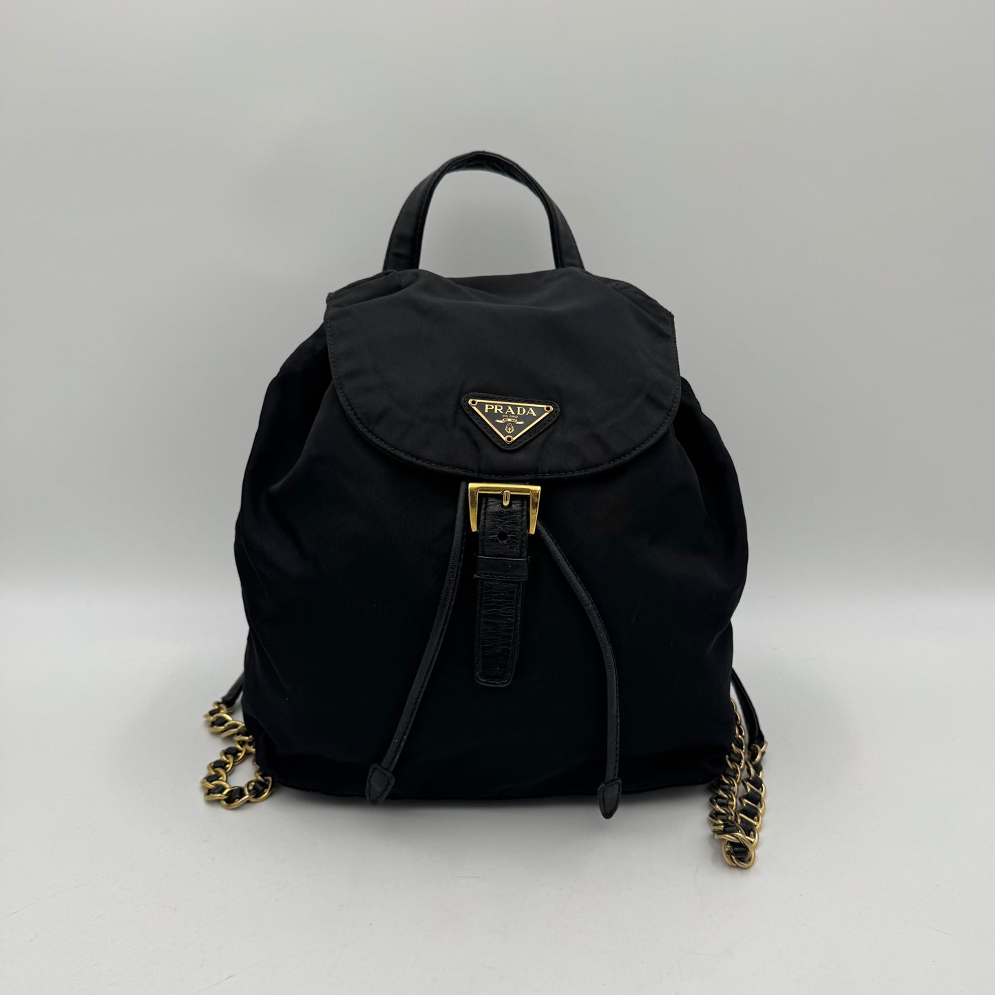 Prada Black Nylon and Leather Flap Chain Backpack GHW