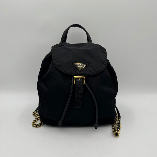Prada Black Nylon and Leather Flap Chain Backpack GHW