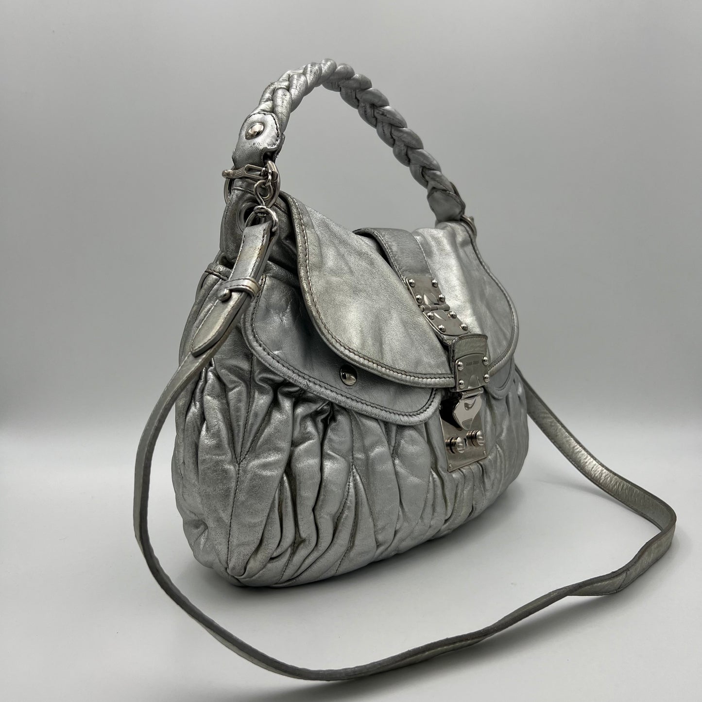Miu Miu Silver Matelasse Leather Large Coffer Satchel