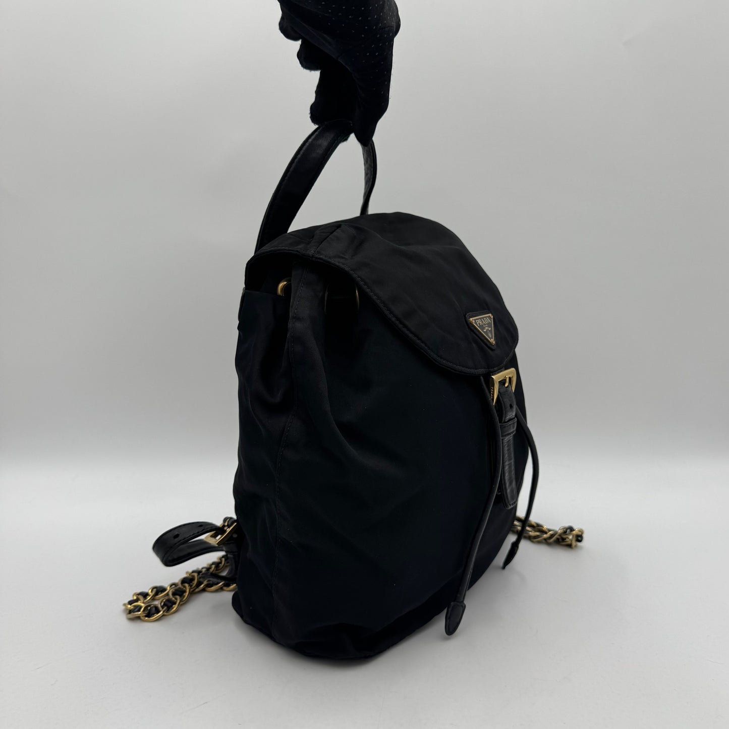 Prada Black Nylon and Leather Flap Chain Backpack GHW