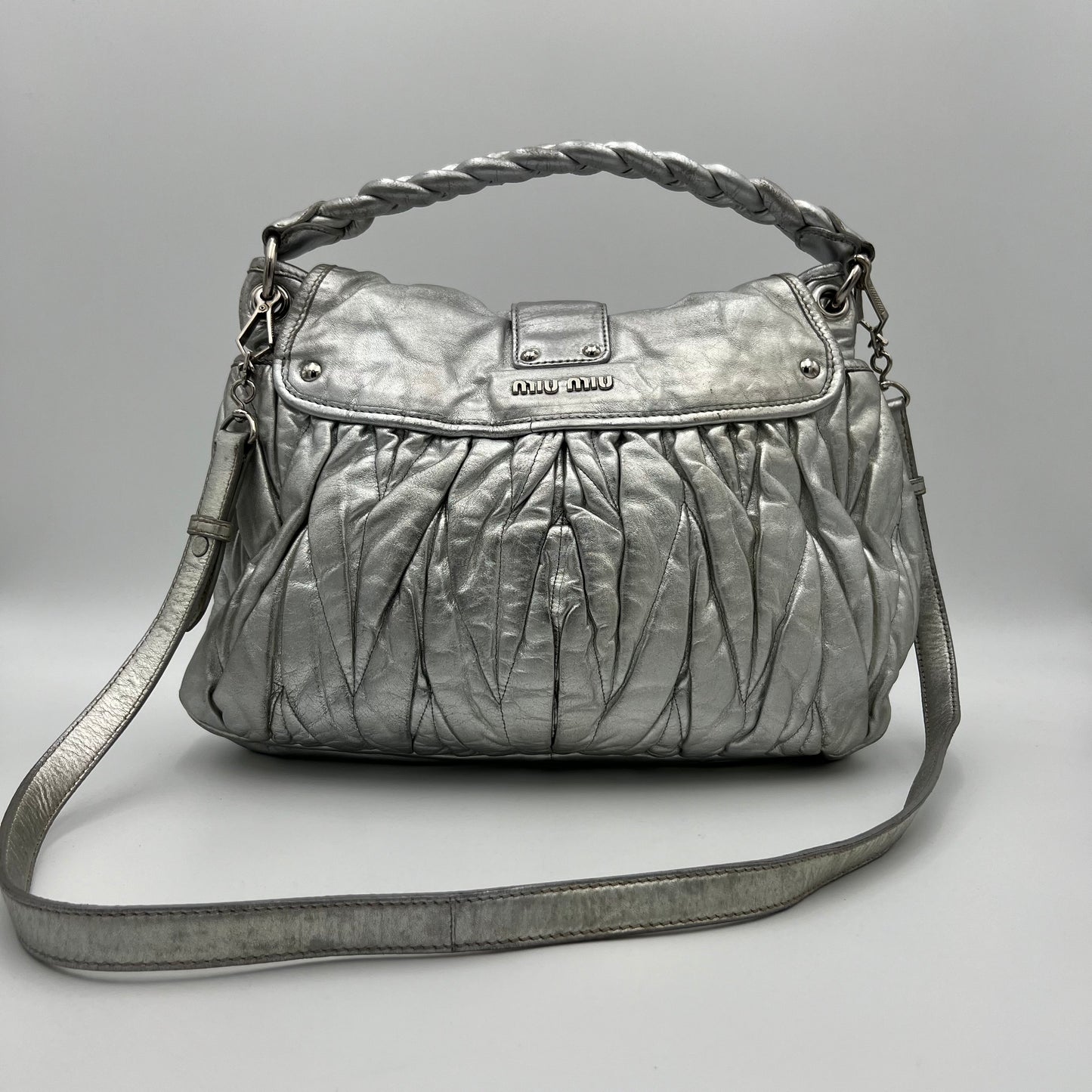 Miu Miu Silver Matelasse Leather Large Coffer Satchel