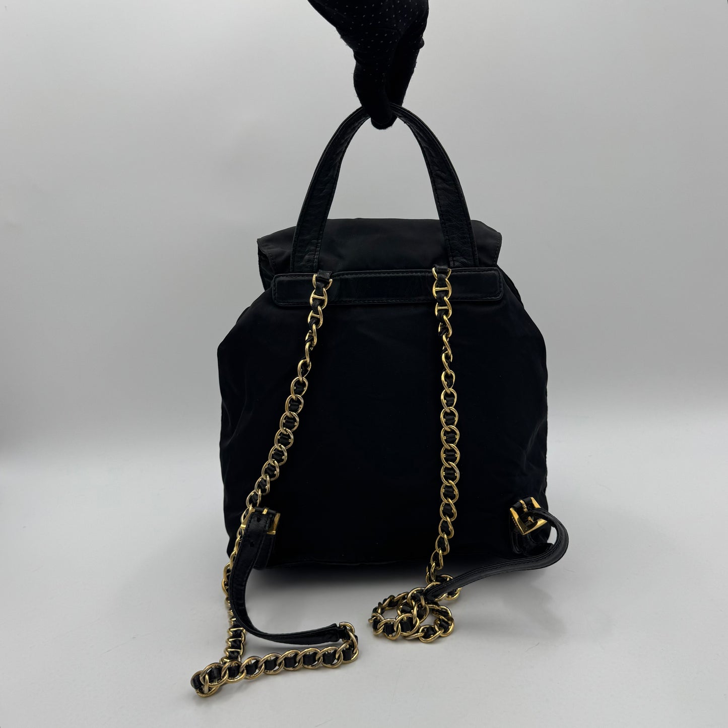 Prada Black Nylon and Leather Flap Chain Backpack GHW