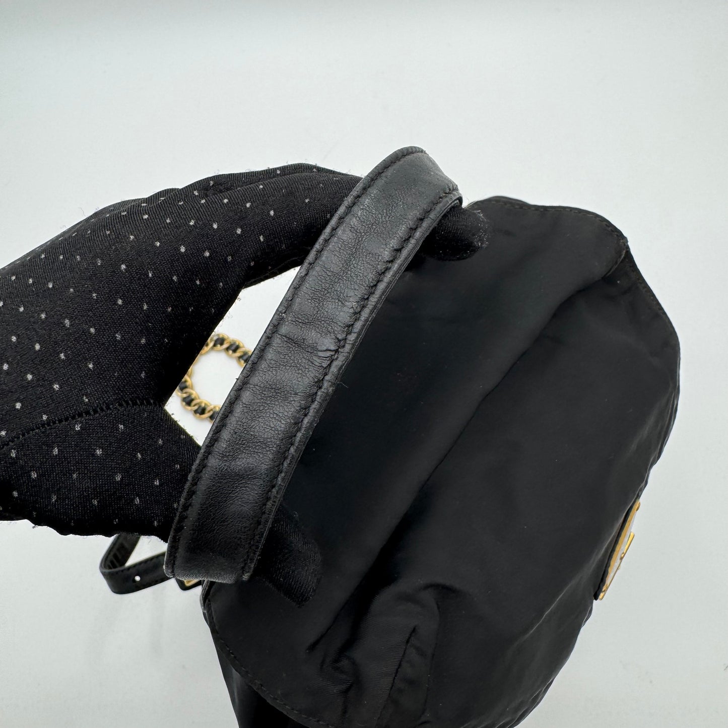 Prada Black Nylon and Leather Flap Chain Backpack GHW