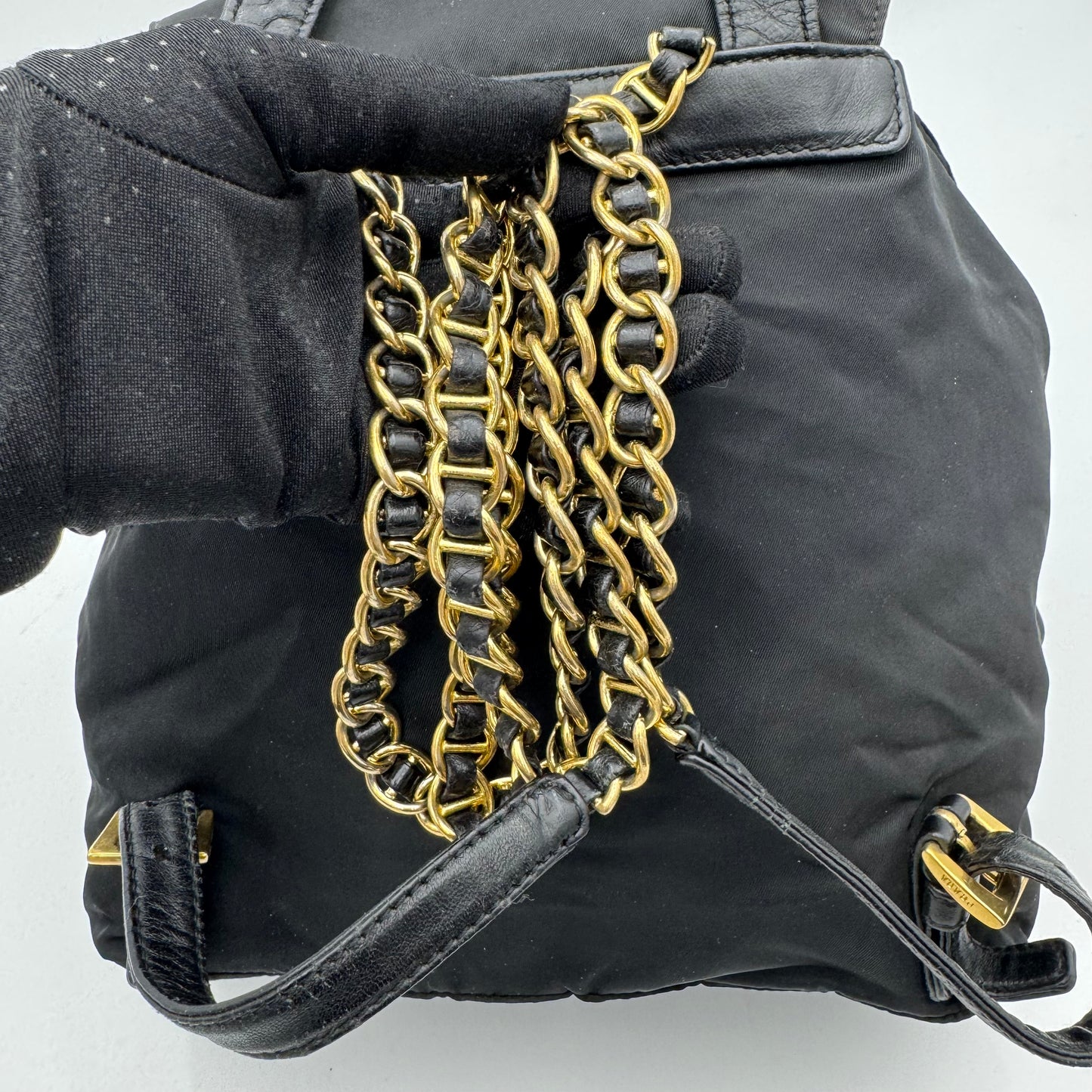 Prada Black Nylon and Leather Flap Chain Backpack GHW