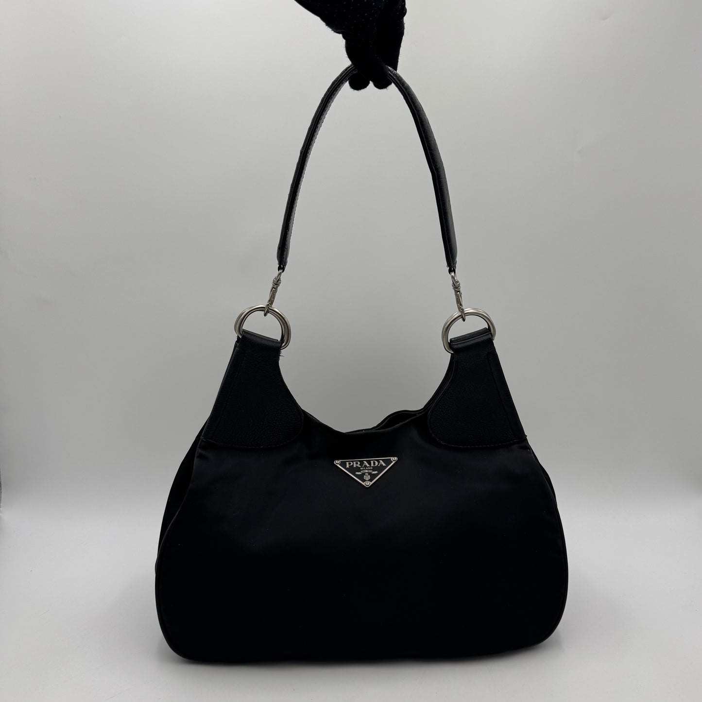 Prada Black Nylon and Leather Hobo Shoulder Bag SHW
